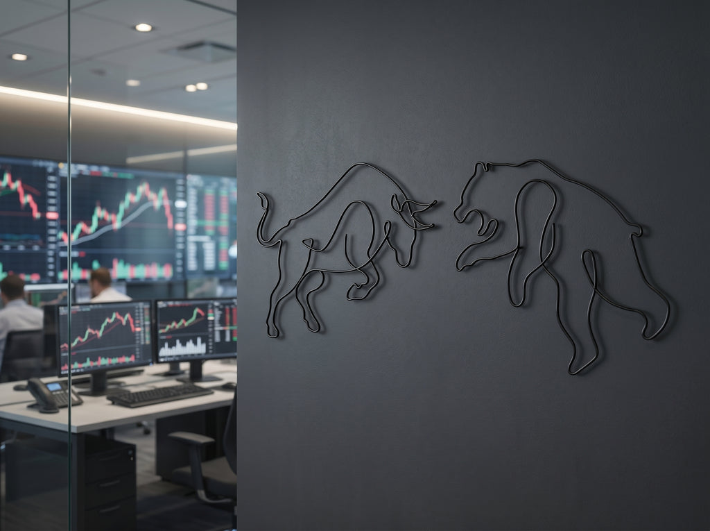 Ayı Boğa (Bull & Bear) Tel Duvar Dekoru - Tek Çizgi Minimalist Metal Duvar Seti - Borsa ve Ofis Hediyesi
