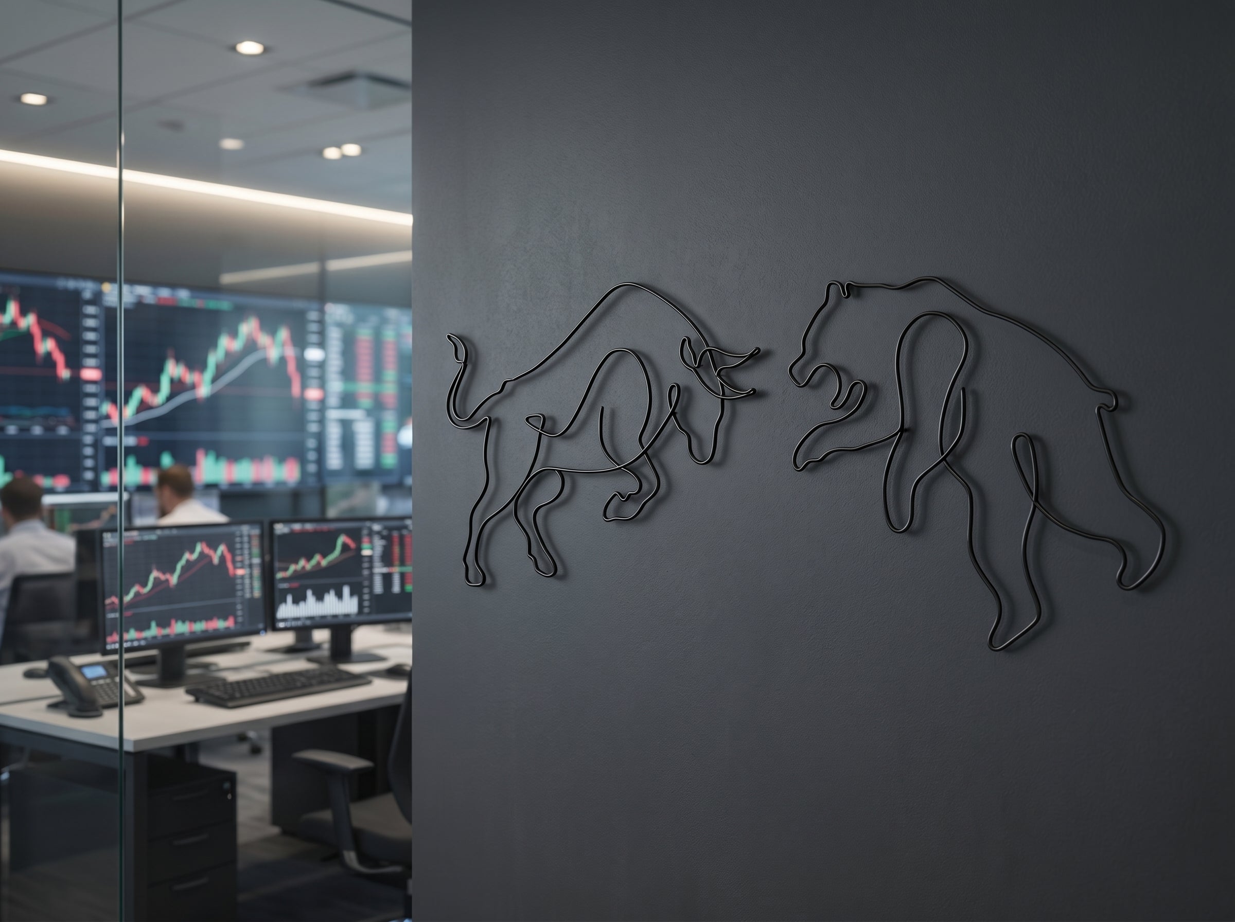 Ayı Boğa (Bull & Bear) Tel Duvar Dekoru - Tek Çizgi Minimalist Metal Duvar Seti - Borsa ve Ofis Hediyesi