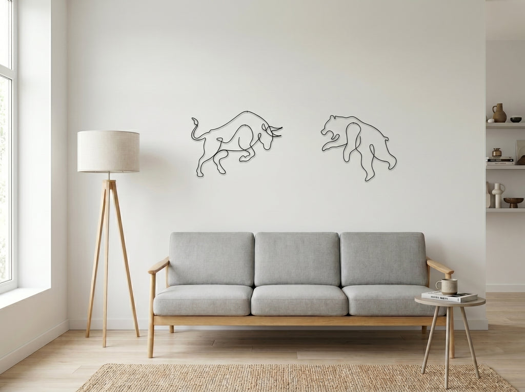 Ayı Boğa (Bull & Bear) Tel Duvar Dekoru - Tek Çizgi Minimalist Metal Duvar Seti - Borsa ve Ofis Hediyesi