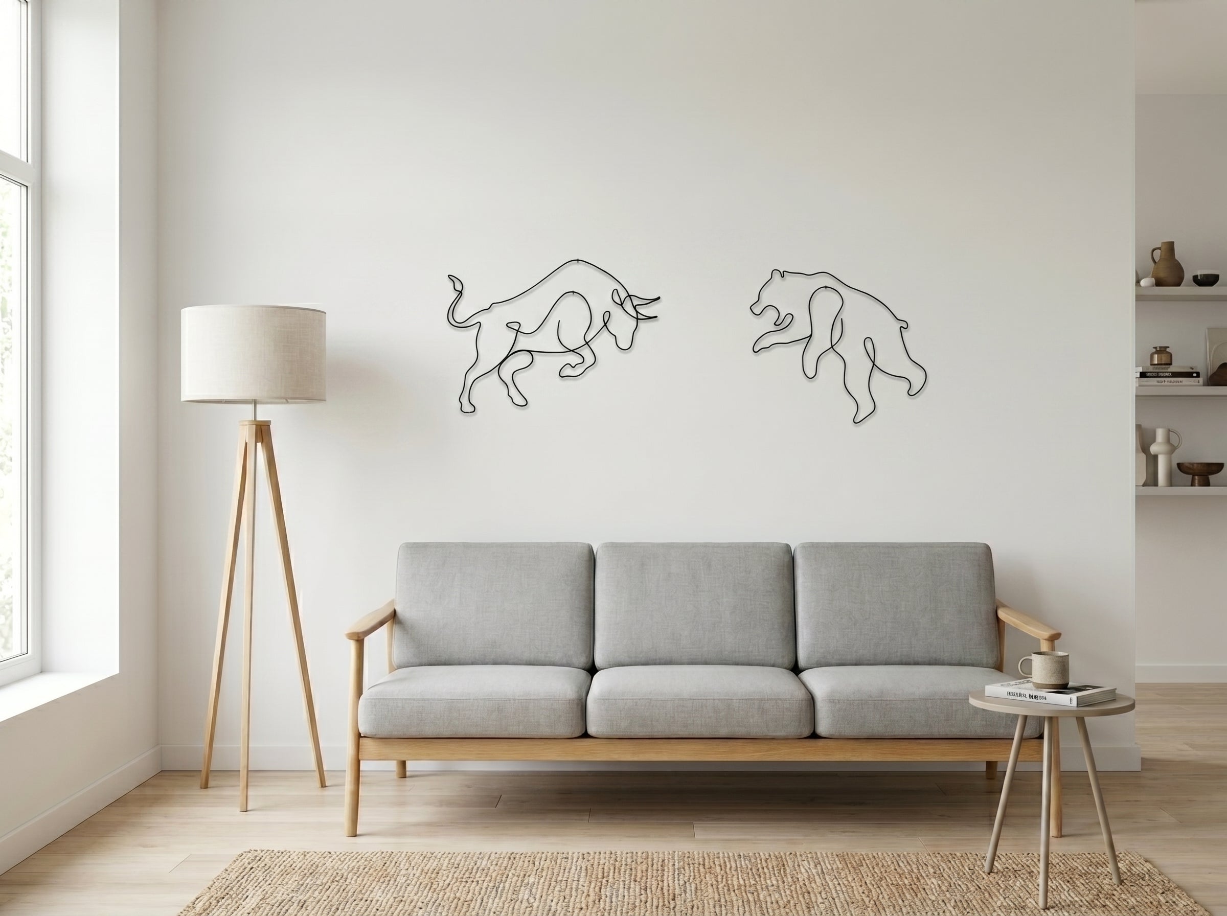 Ayı Boğa (Bull & Bear) Tel Duvar Dekoru - Tek Çizgi Minimalist Metal Duvar Seti - Borsa ve Ofis Hediyesi
