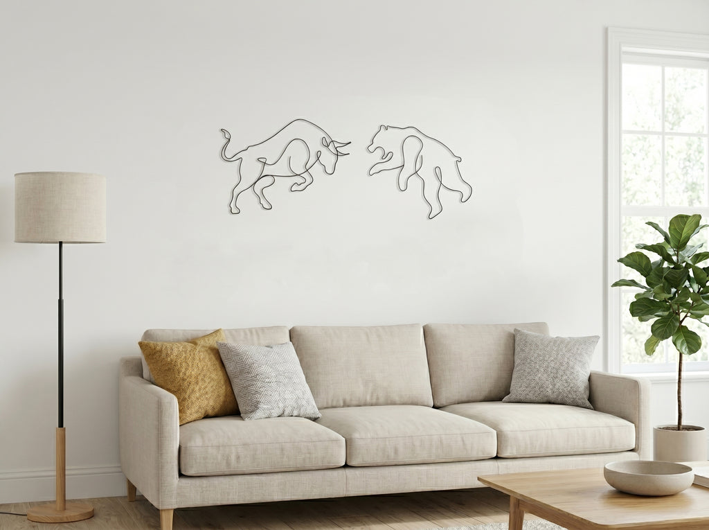 Ayı Boğa (Bull & Bear) Tel Duvar Dekoru - Tek Çizgi Minimalist Metal Duvar Seti - Borsa ve Ofis Hediyesi