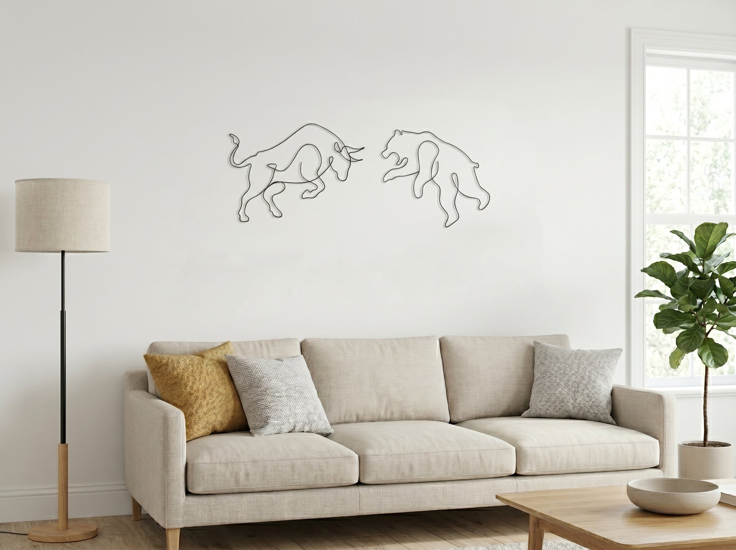 Ayı Boğa (Bull & Bear) Tel Duvar Dekoru - Tek Çizgi Minimalist Metal Duvar Seti - Borsa ve Ofis Hediyesi