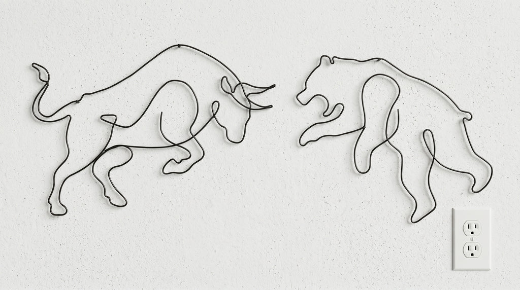 Ayı Boğa (Bull & Bear) Tel Duvar Dekoru - Tek Çizgi Minimalist Metal Duvar Seti - Borsa ve Ofis Hediyesi