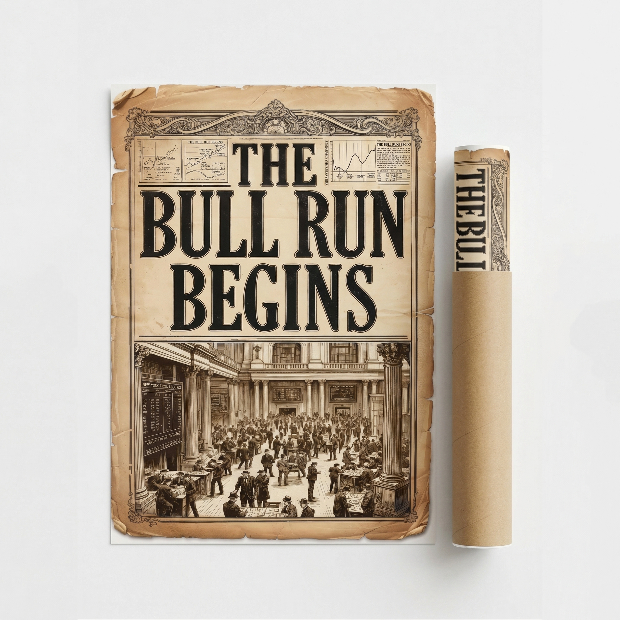Vintage Borsa Posteri | The Bull Run Begins | Wall Street Sanatı | Finansal Tarih Dekorasyonu