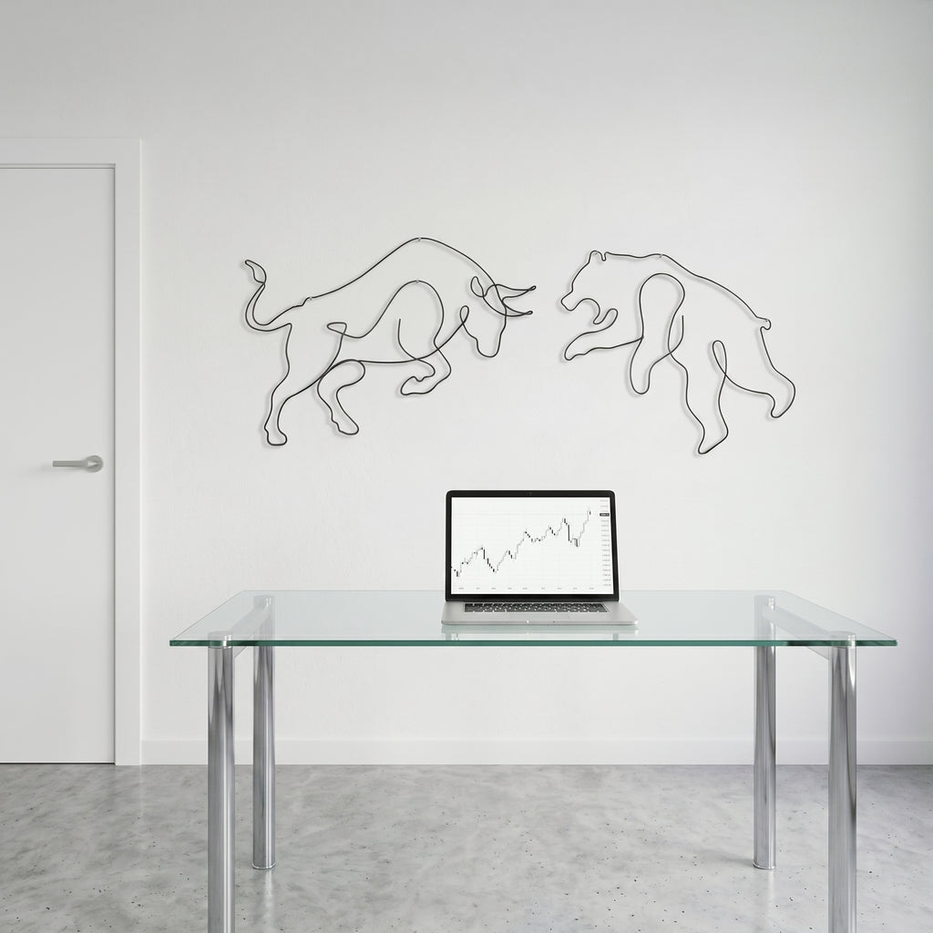 Ayı Boğa (Bull & Bear) Tel Duvar Dekoru - Tek Çizgi Minimalist Metal Duvar Seti - Borsa ve Ofis Hediyesi
