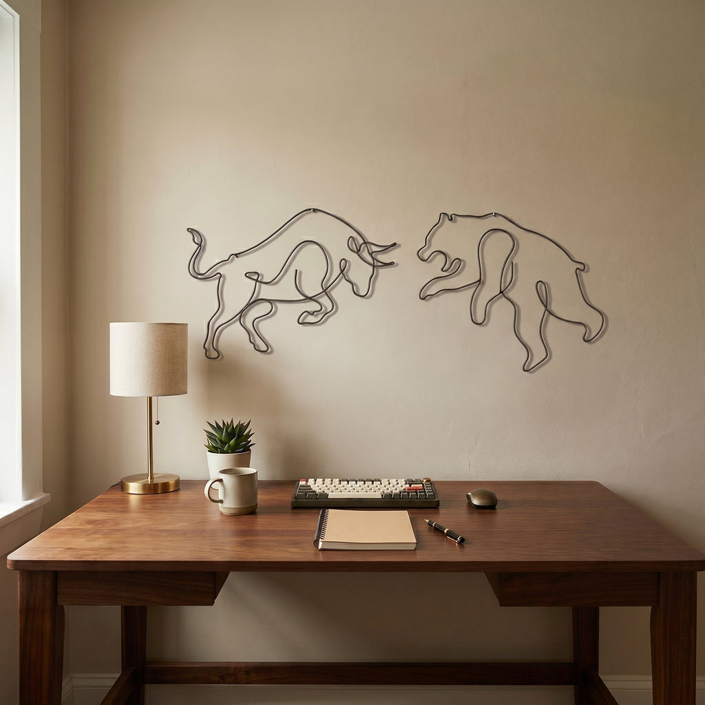 Ayı Boğa (Bull & Bear) Tel Duvar Dekoru - Tek Çizgi Minimalist Metal Duvar Seti - Borsa ve Ofis Hediyesi