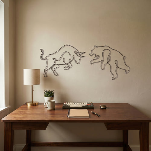 Ayı Boğa (Bull & Bear) Tel Duvar Dekoru - Tek Çizgi Minimalist Metal Duvar Seti - Borsa ve Ofis Hediyesi