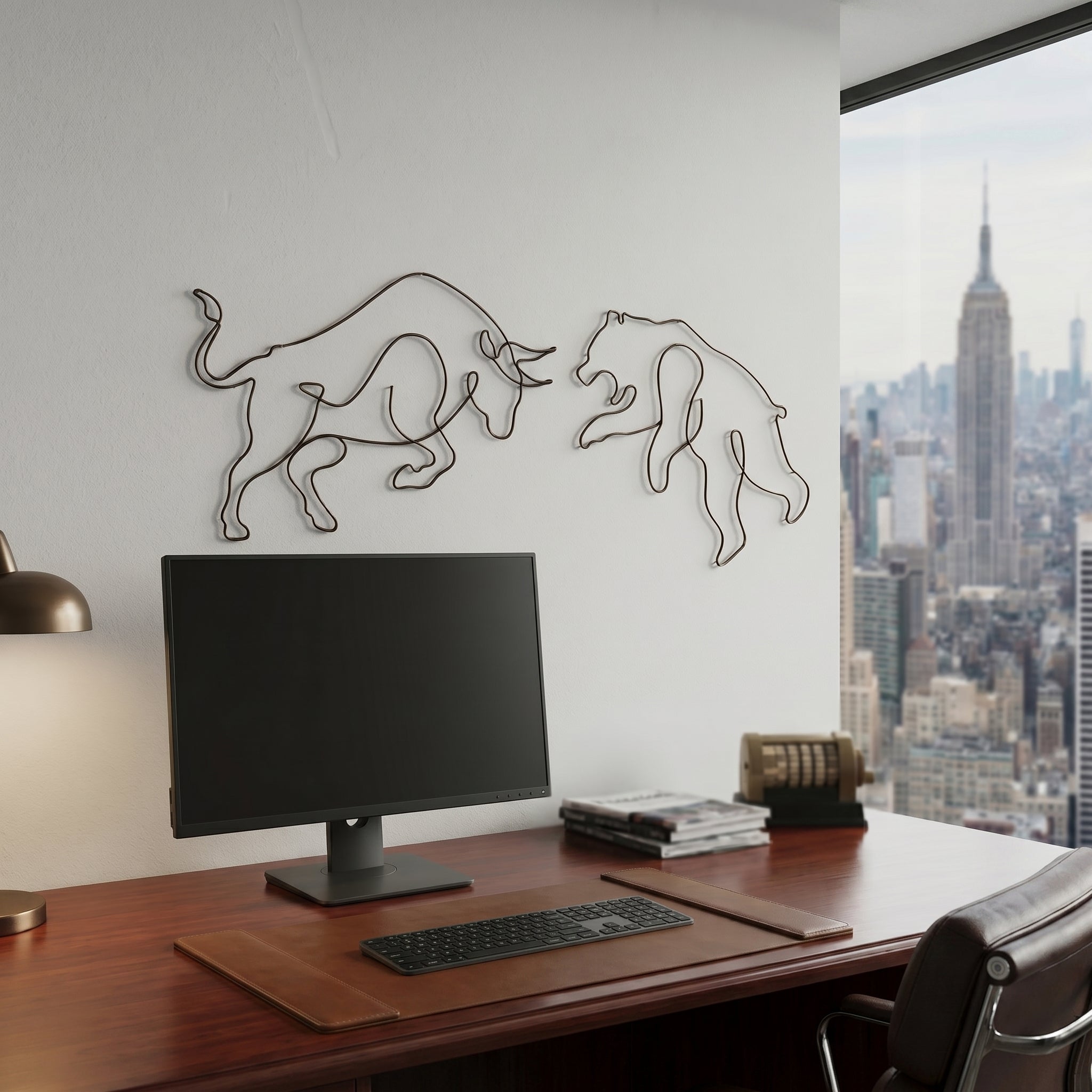 Ayı Boğa (Bull & Bear) Tel Duvar Dekoru - Tek Çizgi Minimalist Metal Duvar Seti - Borsa ve Ofis Hediyesi