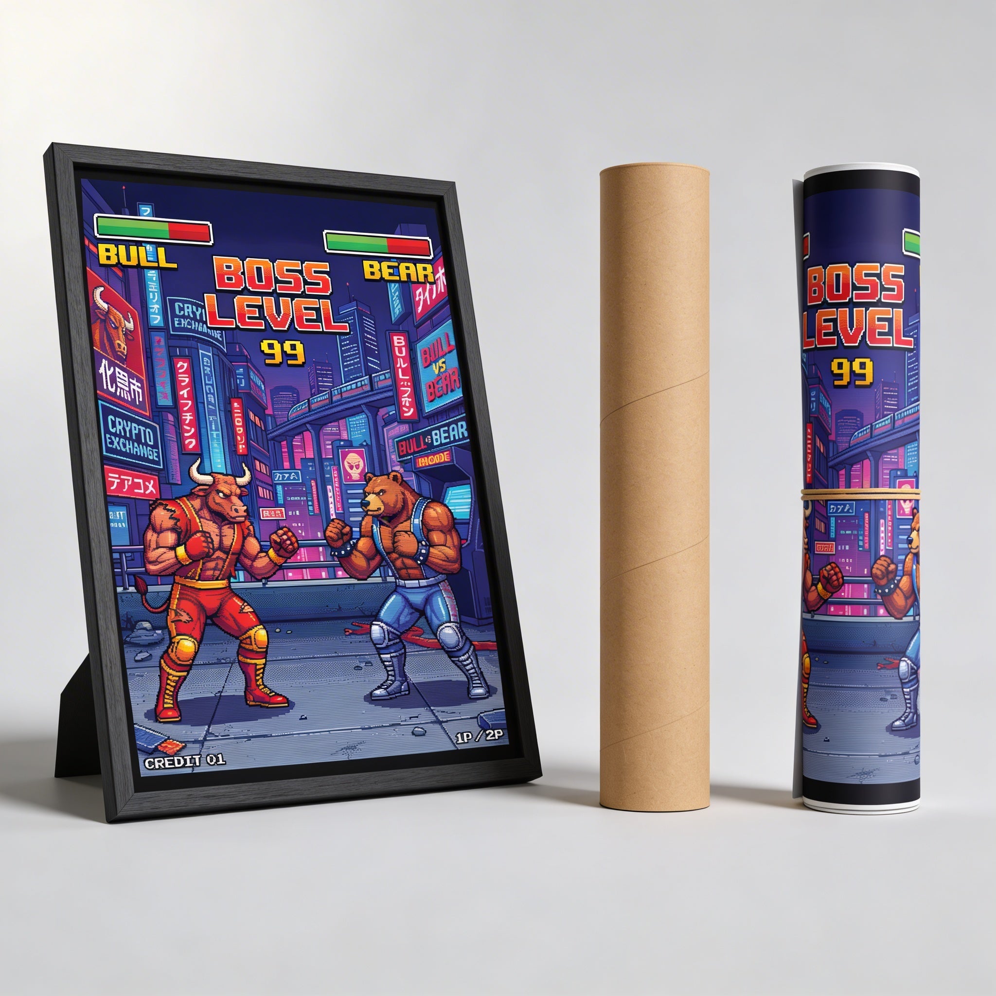 Retro Oyun Boğa Ayı Dövüşü Posteri | 80'ler Arcade Piksel Sanatı | Borsa Kripto Duvar Dekoru | Neon Siberpunk Tokyo