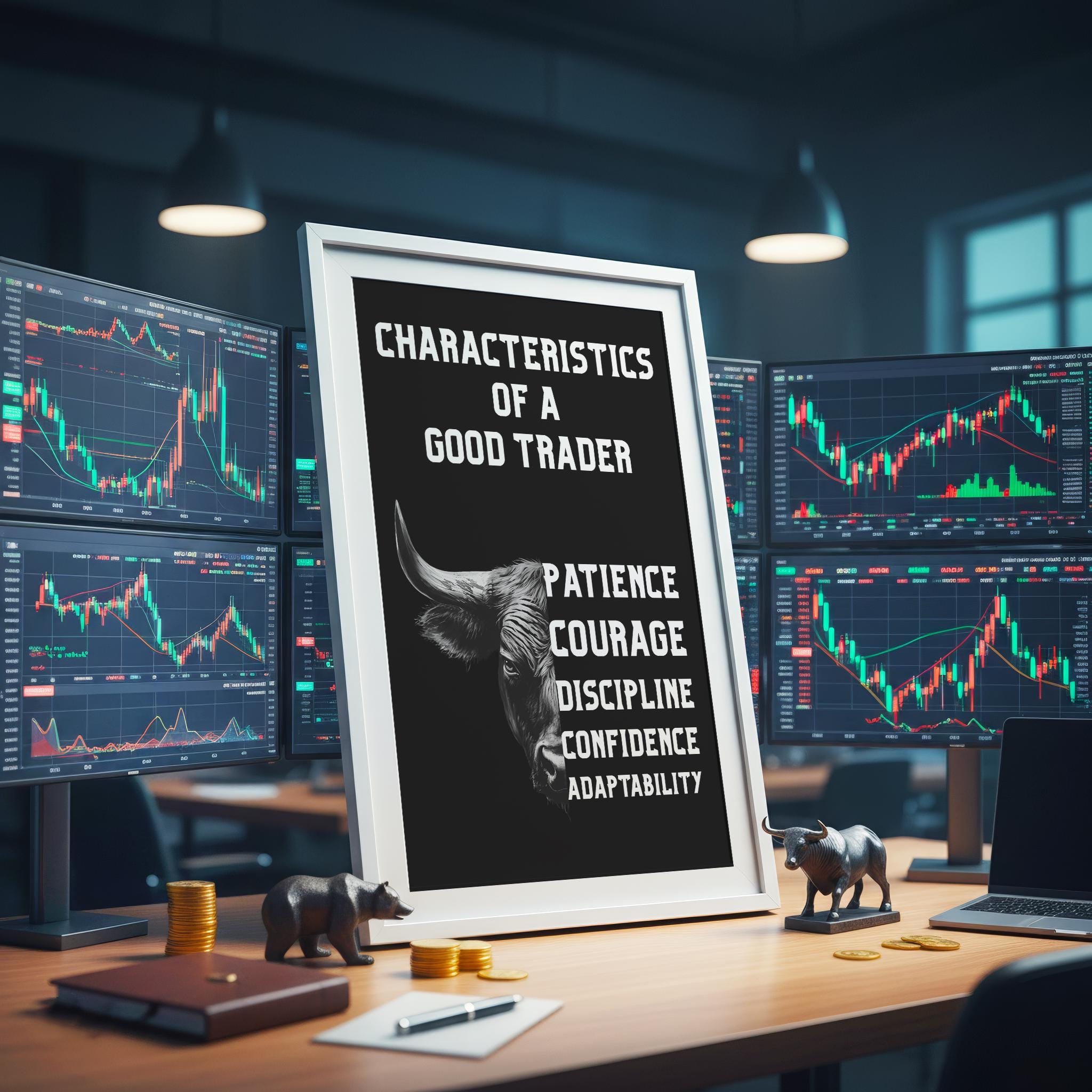 Trading Psikolojisi Posteri | İyi Bir Trader'ın 5 Özelliği | Boğa Sanatı Motivasyon Tablosu | Trader & Yatırımcı Hediyesi | Ofis Duvar Dekoru