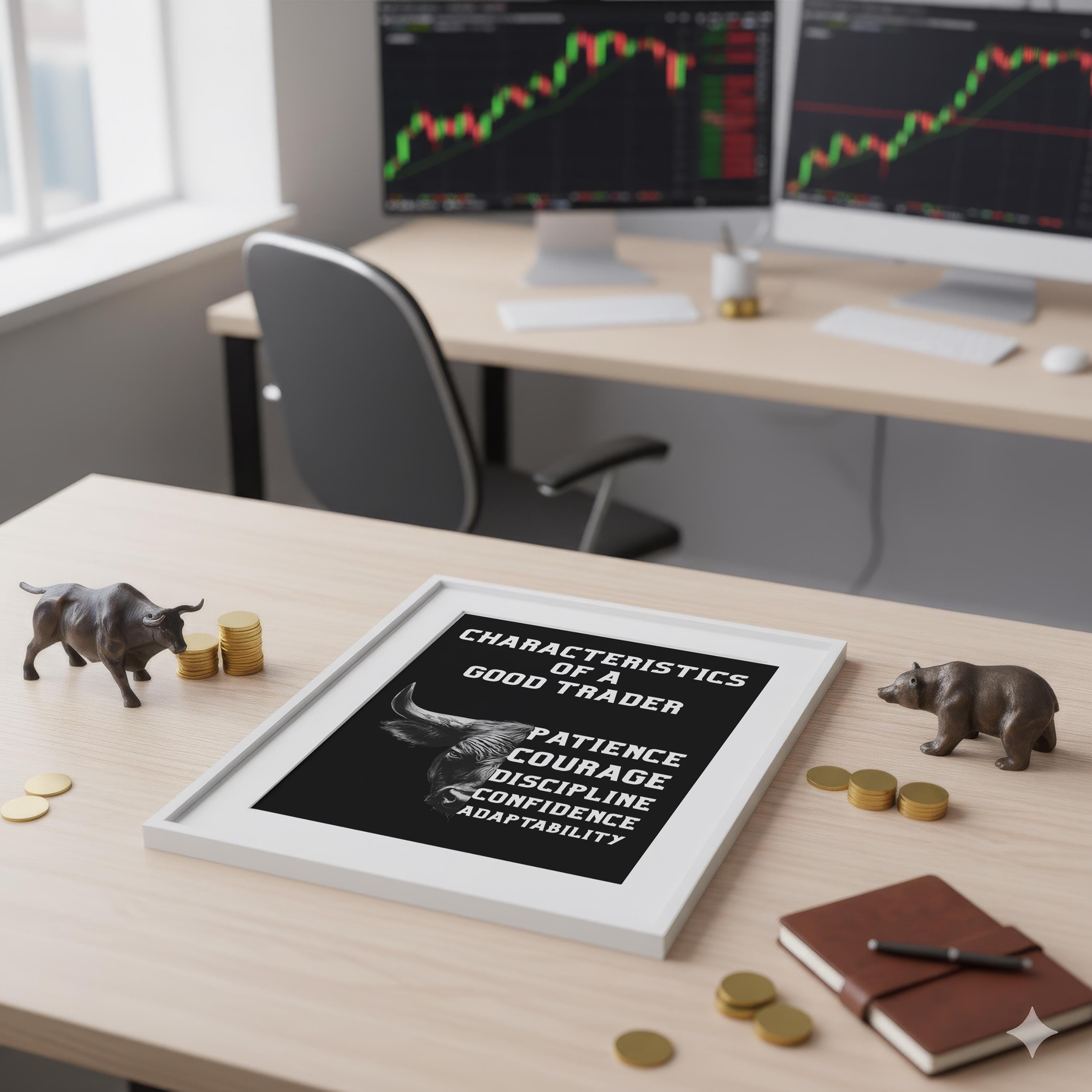 Trading Psikolojisi Posteri | İyi Bir Trader'ın 5 Özelliği | Boğa Sanatı Motivasyon Tablosu | Trader & Yatırımcı Hediyesi | Ofis Duvar Dekoru