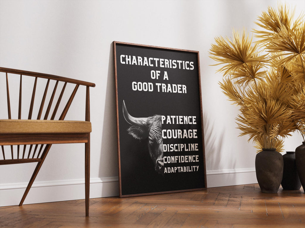 Trading Psikolojisi Posteri | İyi Bir Trader'ın 5 Özelliği | Boğa Sanatı Motivasyon Tablosu | Trader & Yatırımcı Hediyesi | Ofis Duvar Dekoru