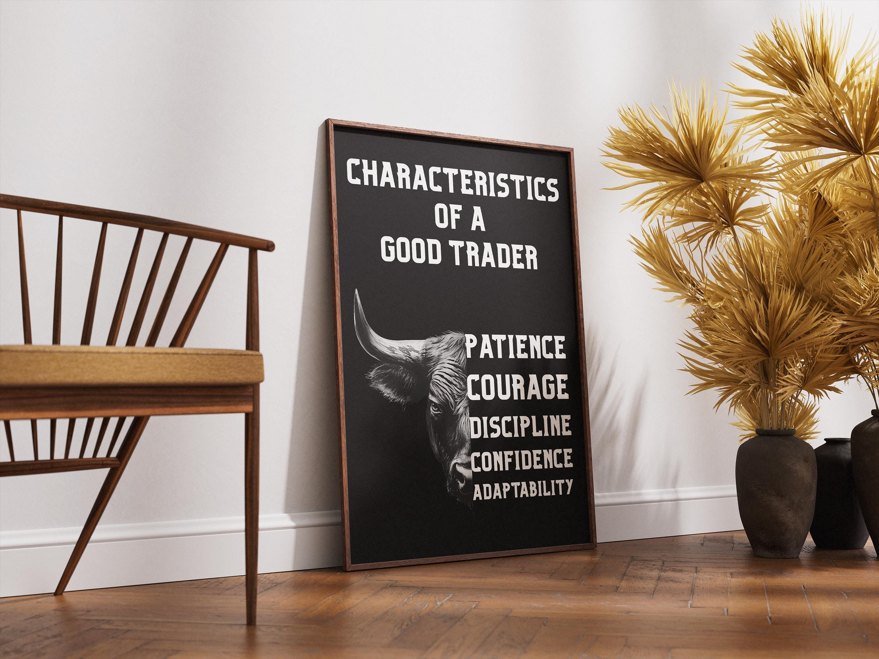 Trading Psikolojisi Posteri | İyi Bir Trader'ın 5 Özelliği | Boğa Sanatı Motivasyon Tablosu | Trader & Yatırımcı Hediyesi | Ofis Duvar Dekoru