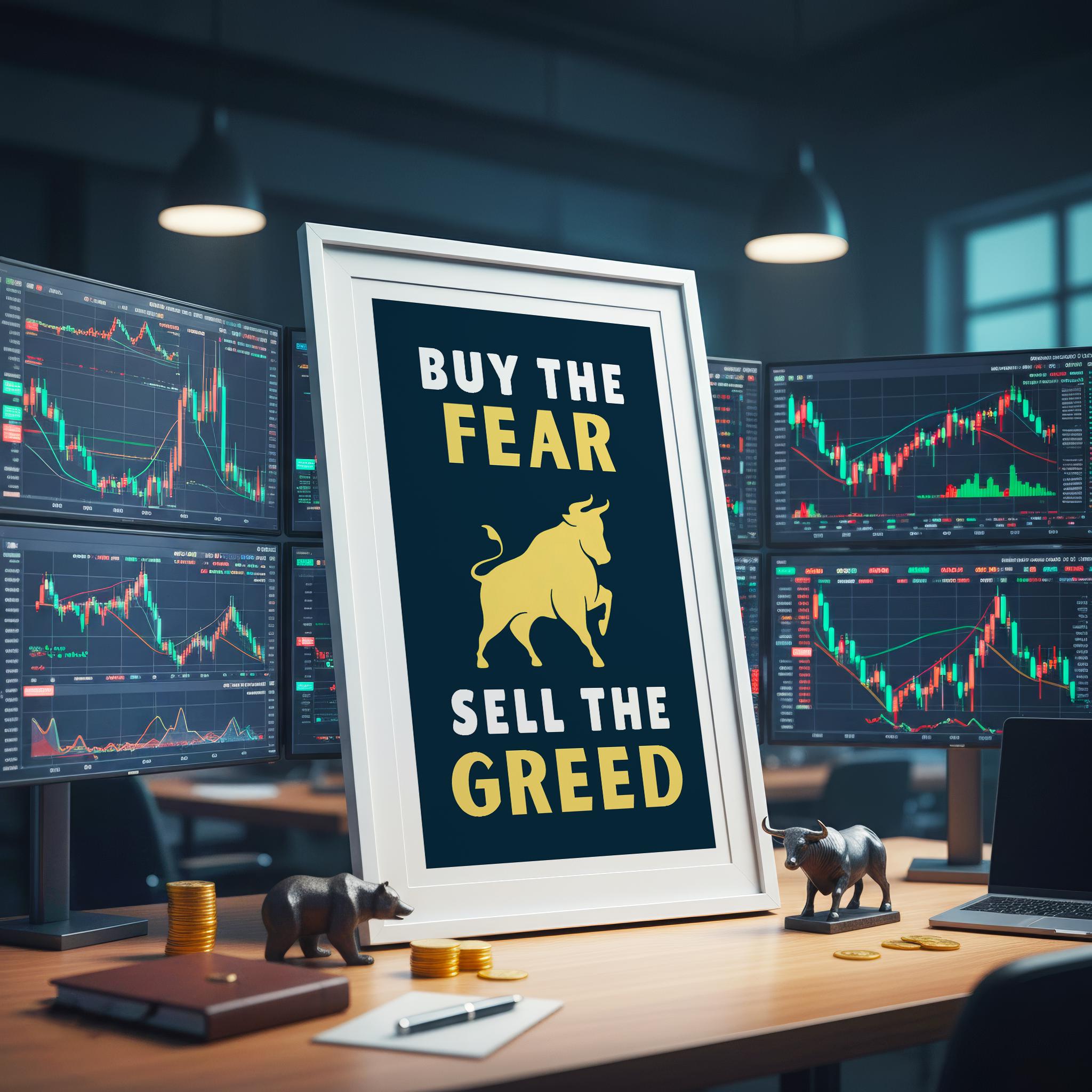Buy The Fear Sell The Greed | Korku varken al, coşku varken sat | Trader Hediyesi | Finans Posteri | Ofis Dekoru