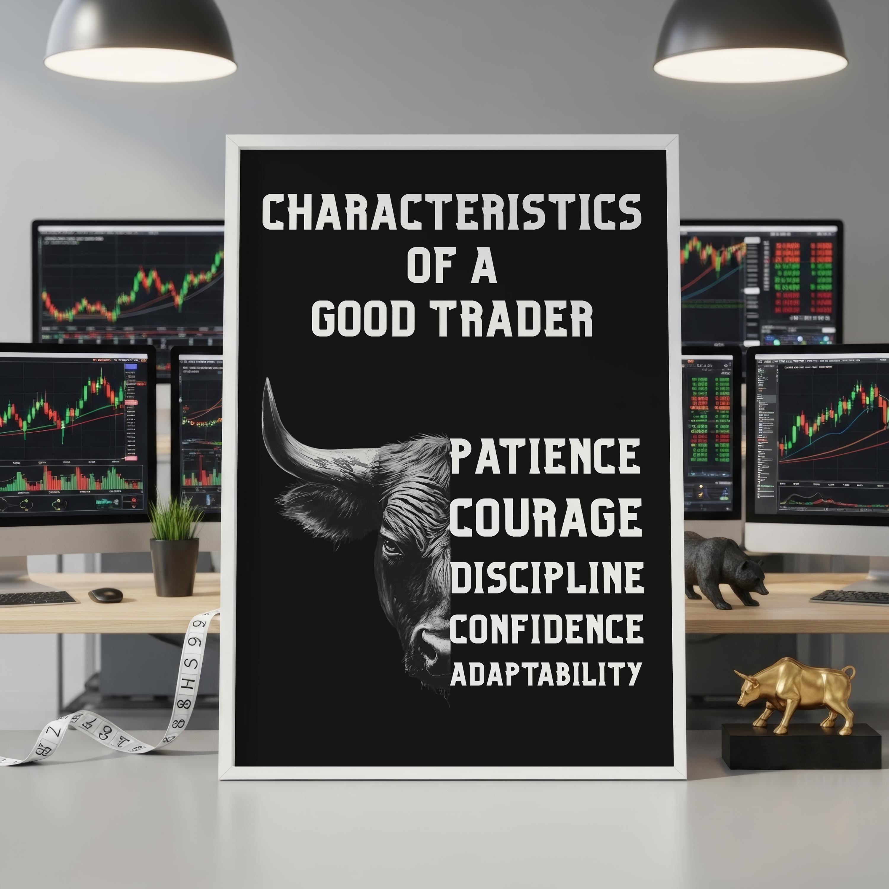 Trading Psikolojisi Posteri | İyi Bir Trader'ın 5 Özelliği | Boğa Sanatı Motivasyon Tablosu | Trader & Yatırımcı Hediyesi | Ofis Duvar Dekoru