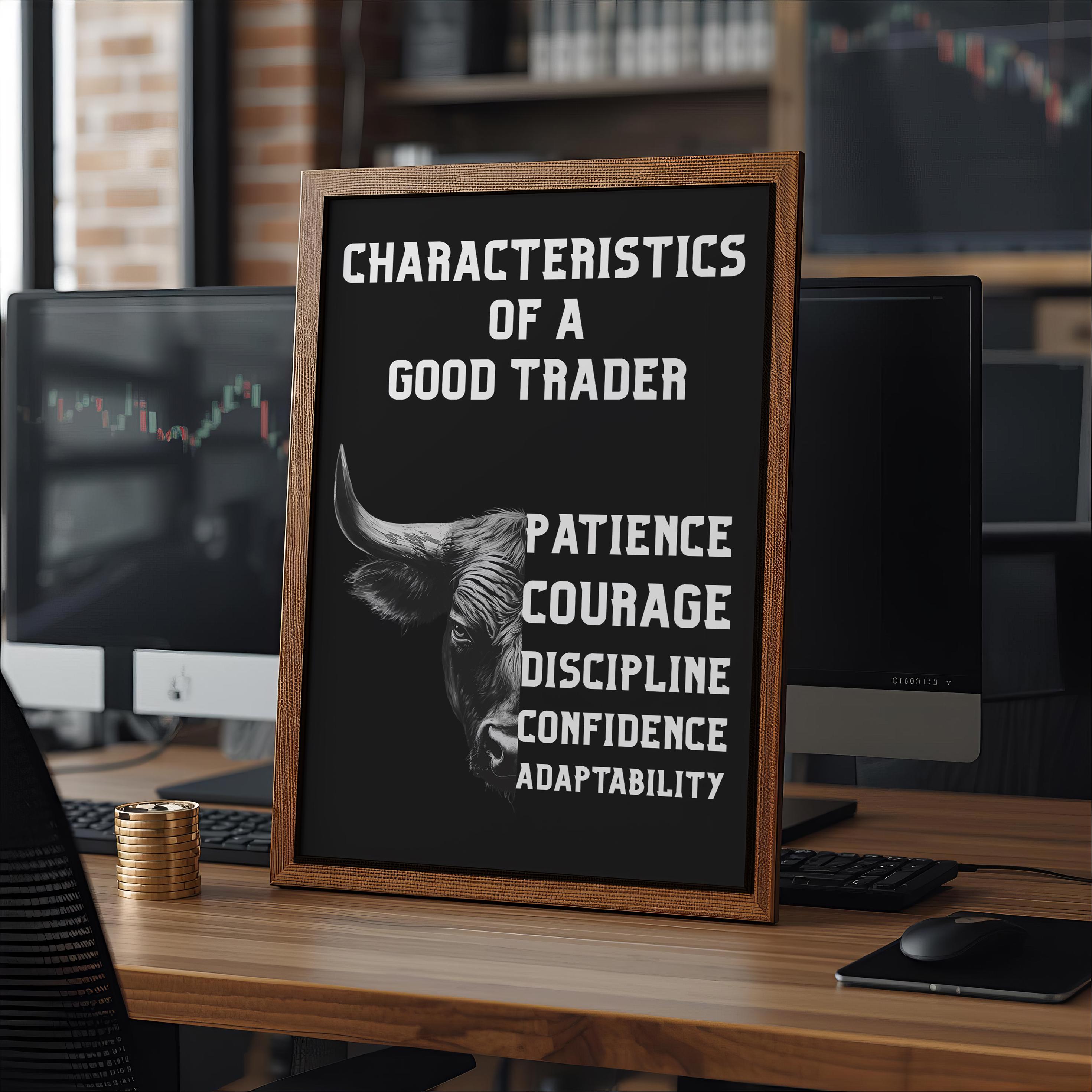 Trading Psikolojisi Posteri | İyi Bir Trader'ın 5 Özelliği | Boğa Sanatı Motivasyon Tablosu | Trader & Yatırımcı Hediyesi | Ofis Duvar Dekoru