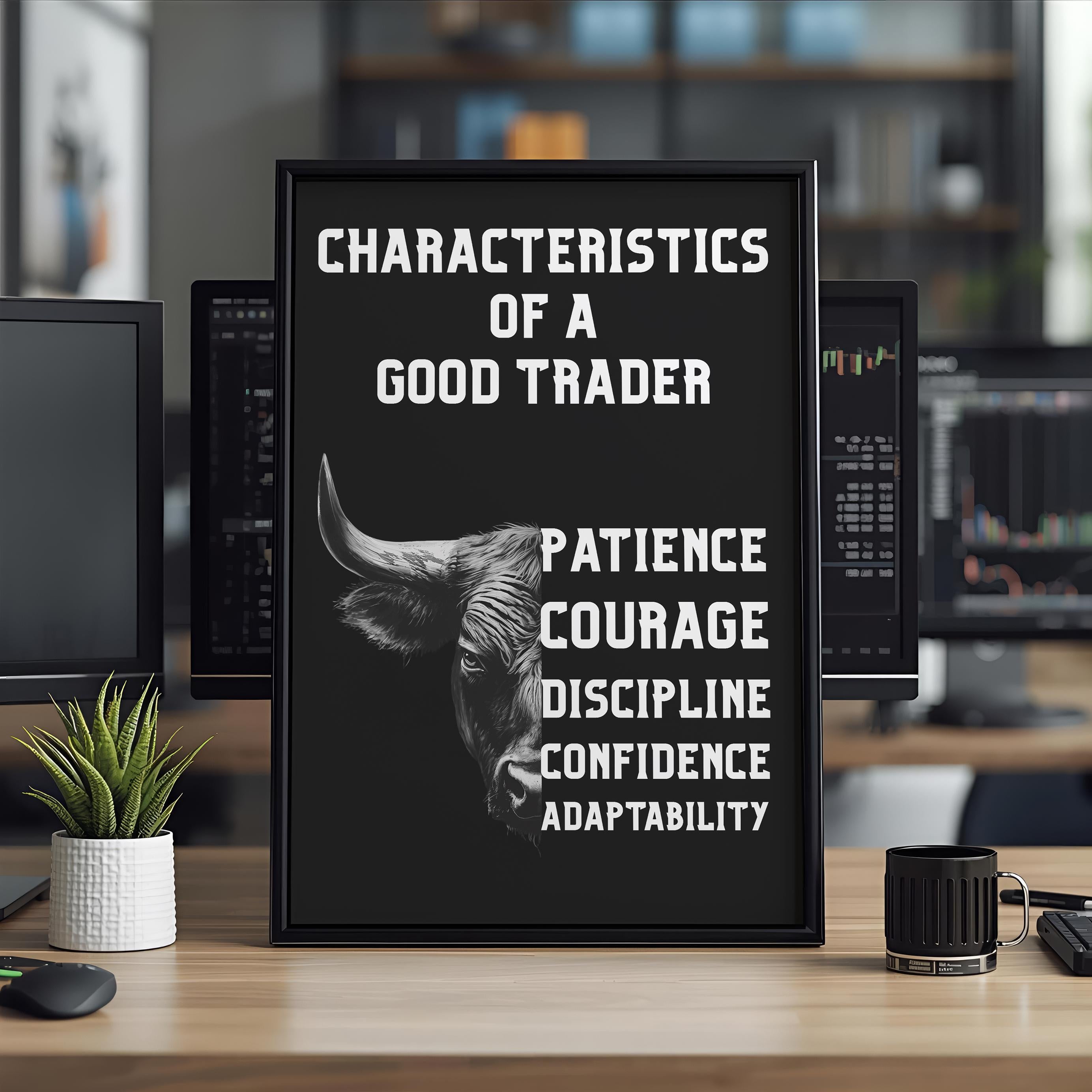 Trading Psikolojisi Posteri | İyi Bir Trader'ın 5 Özelliği | Boğa Sanatı Motivasyon Tablosu | Trader & Yatırımcı Hediyesi | Ofis Duvar Dekoru