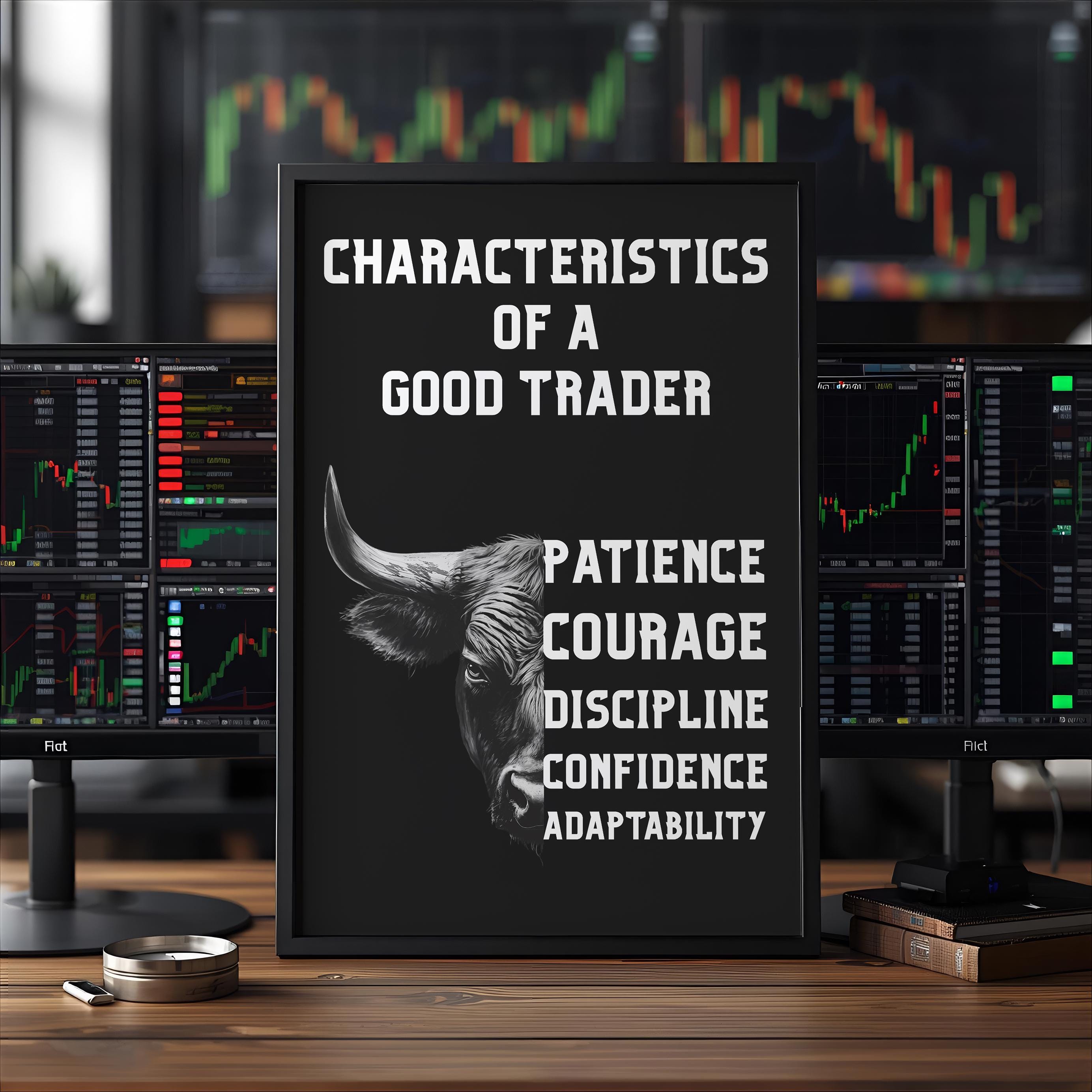 Trading Psikolojisi Posteri | İyi Bir Trader'ın 5 Özelliği | Boğa Sanatı Motivasyon Tablosu | Trader & Yatırımcı Hediyesi | Ofis Duvar Dekoru