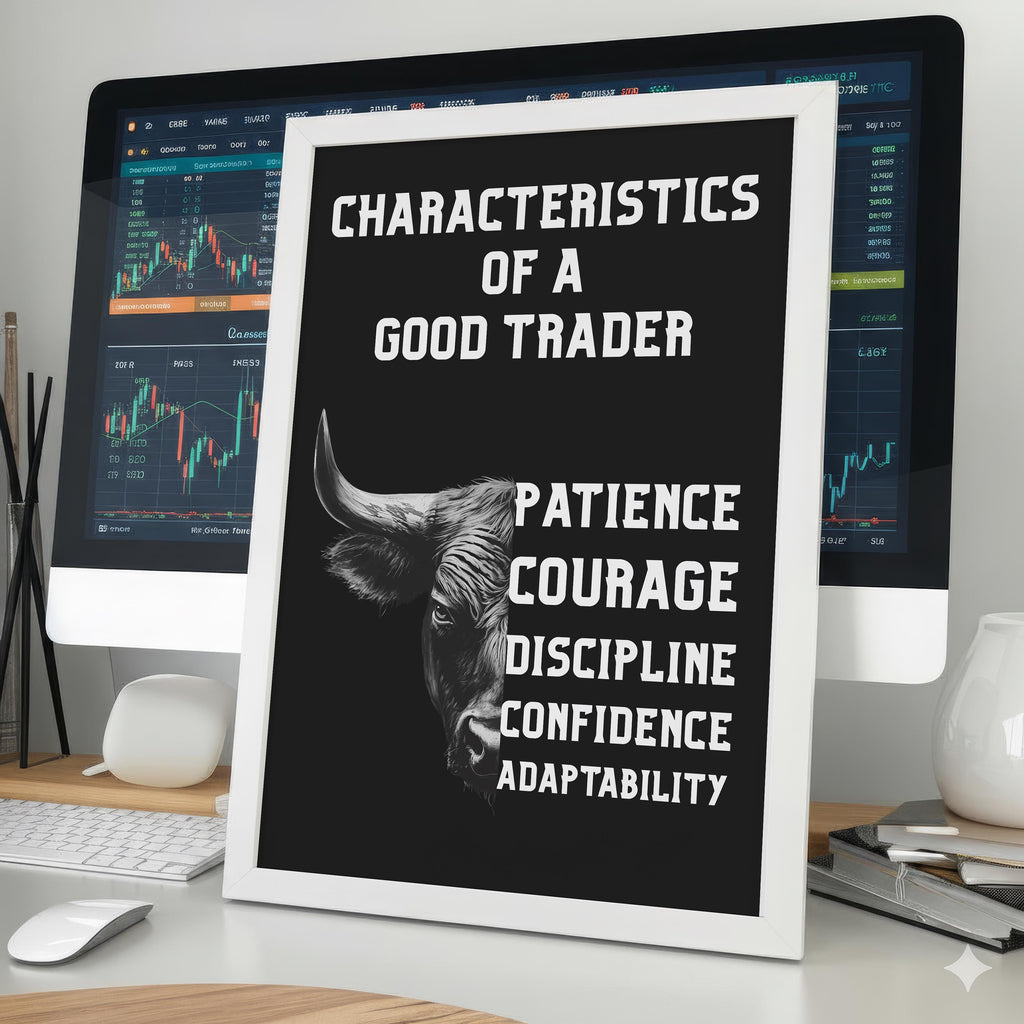 Trading Psikolojisi Posteri | İyi Bir Trader'ın 5 Özelliği | Boğa Sanatı Motivasyon Tablosu | Trader & Yatırımcı Hediyesi | Ofis Duvar Dekoru