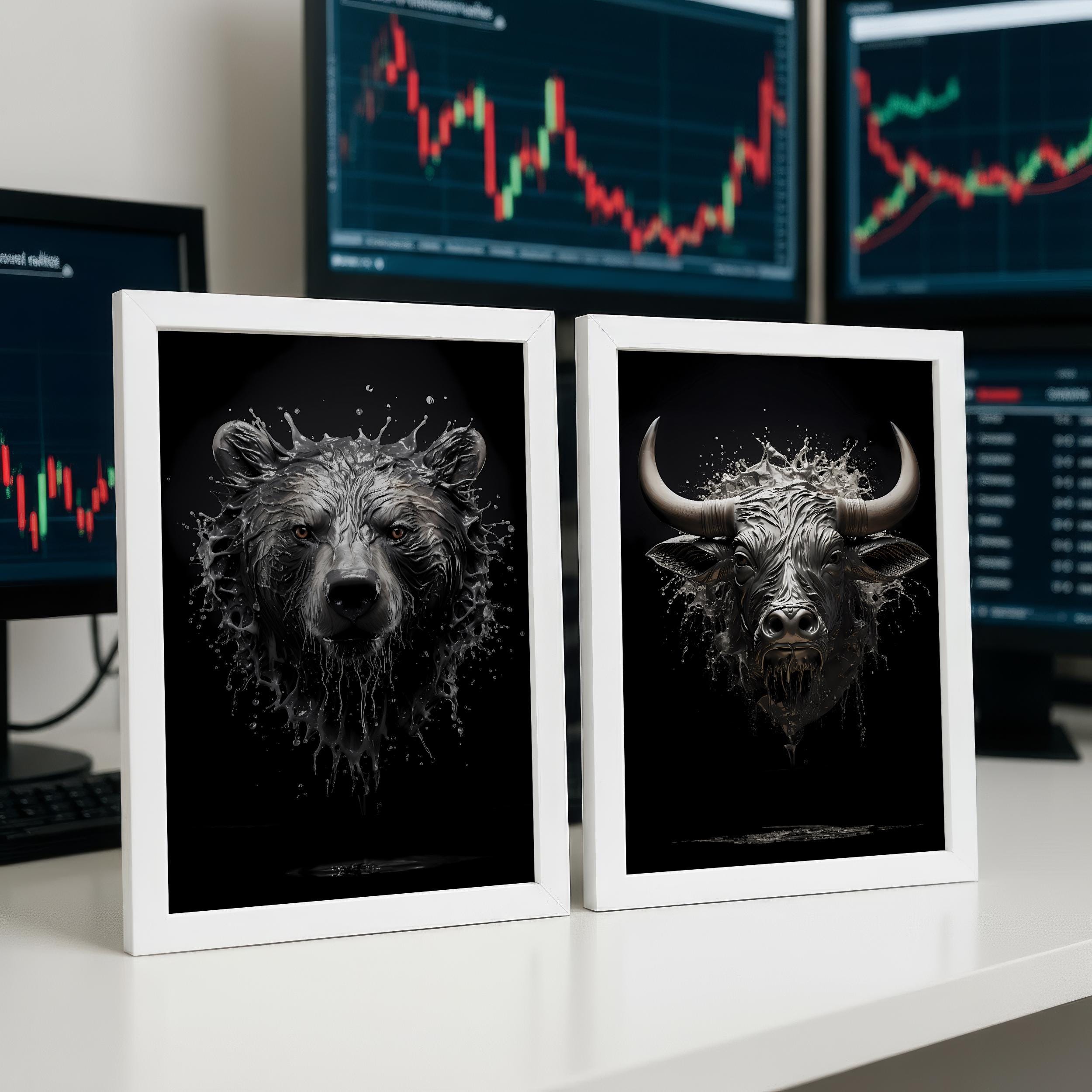 Metalik Boğa ve Ayı Poster Seti | Sıvı Akış Betimlemeli Finans Duvar Sanatı | Trader Ofis Dekoru
