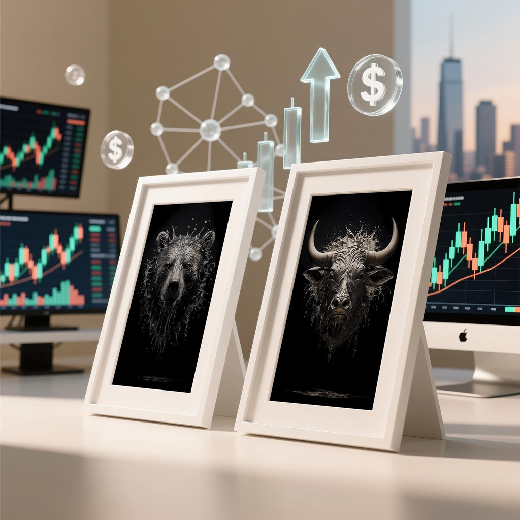 Metalik Boğa ve Ayı Poster Seti | Sıvı Akış Betimlemeli Finans Duvar Sanatı | Trader Ofis Dekoru