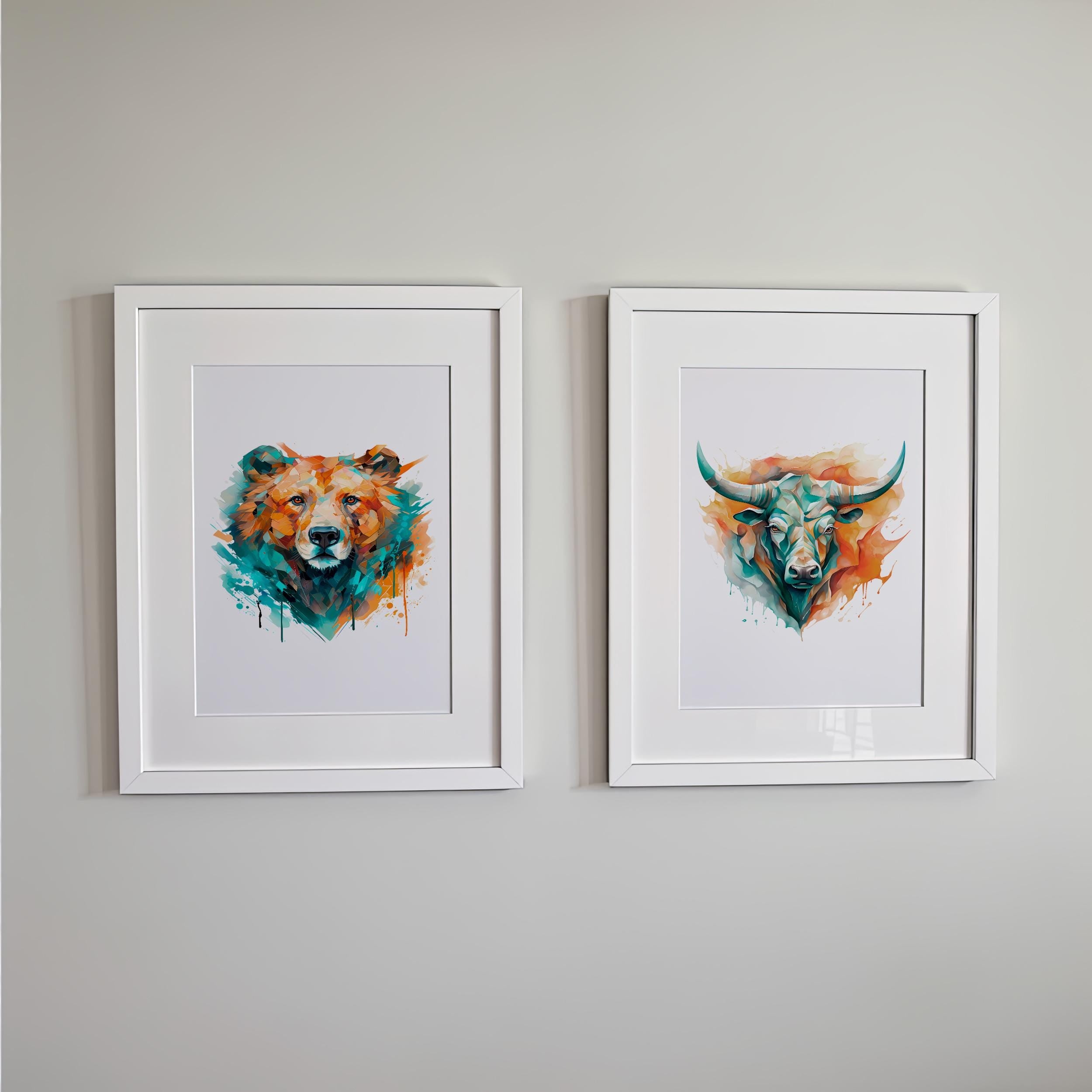 Boğa ve Ayı Suluboya Poster Seti | Renkli Trader Duvar Sanatı | Yatırımcı Ofis Dekoru
