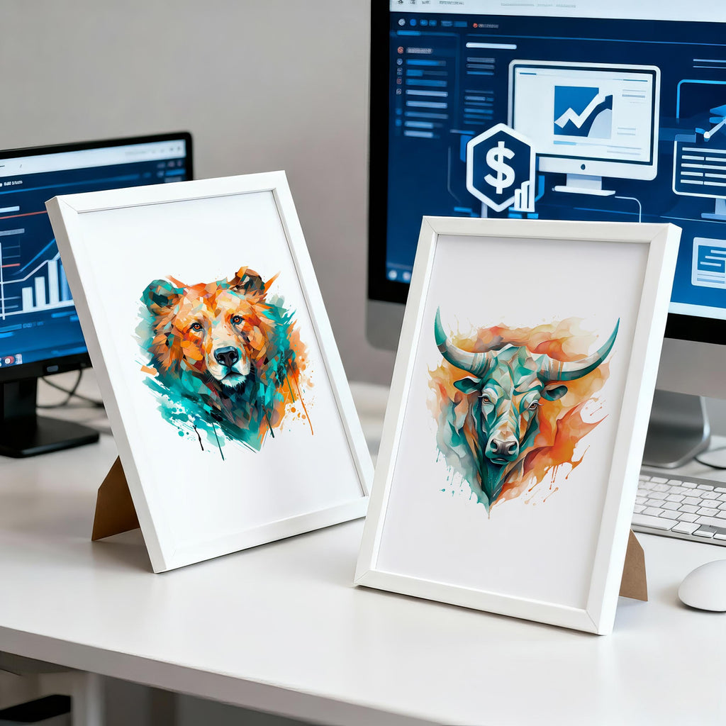 Boğa ve Ayı Suluboya Poster Seti | Renkli Trader Duvar Sanatı | Yatırımcı Ofis Dekoru