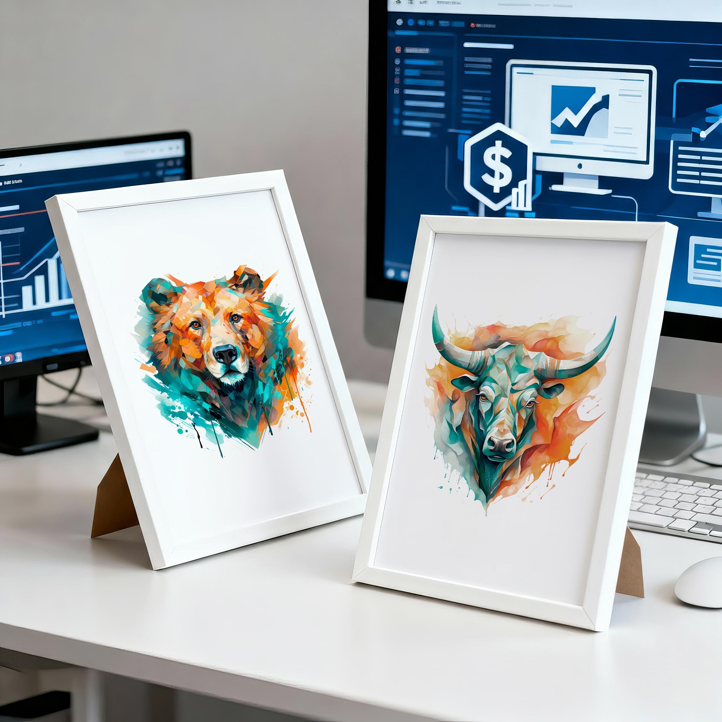 Boğa ve Ayı Suluboya Poster Seti | Renkli Trader Duvar Sanatı | Yatırımcı Ofis Dekoru