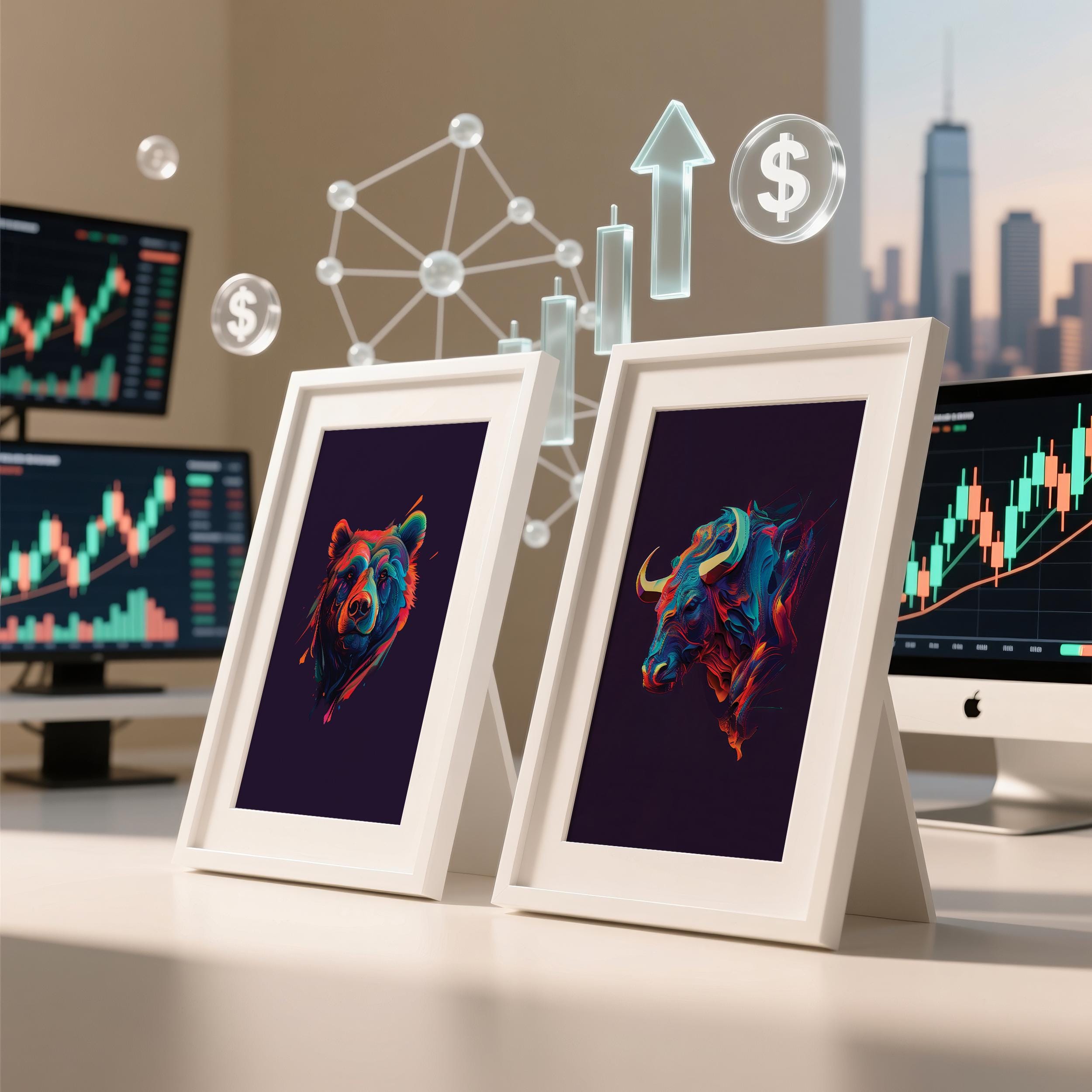 Neon Boğa ve Ayı Poster Seti – Trader Ofis Duvar Sanatı, Borsa Dekor