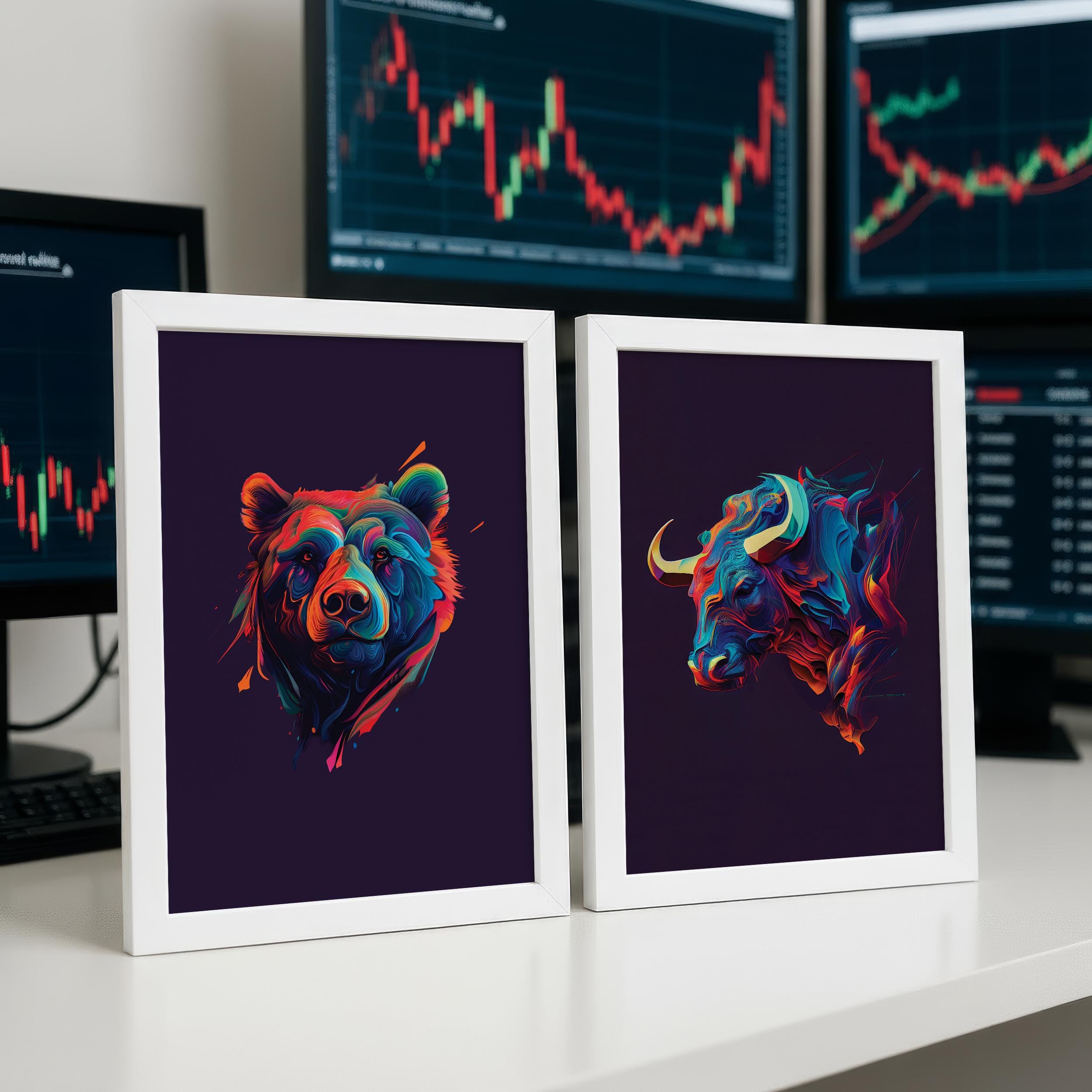 Neon Boğa ve Ayı Poster Seti – Trader Ofis Duvar Sanatı, Borsa Dekor
