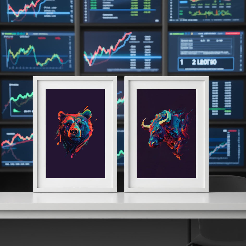 Neon Boğa ve Ayı Poster Seti – Trader Ofis Duvar Sanatı, Borsa Dekor