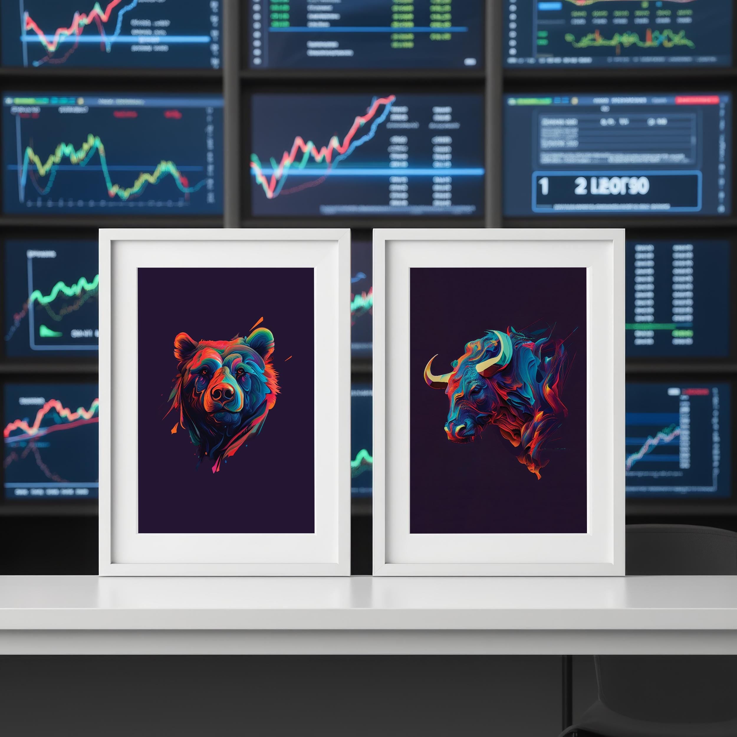 Neon Boğa ve Ayı Poster Seti – Trader Ofis Duvar Sanatı, Borsa Dekor