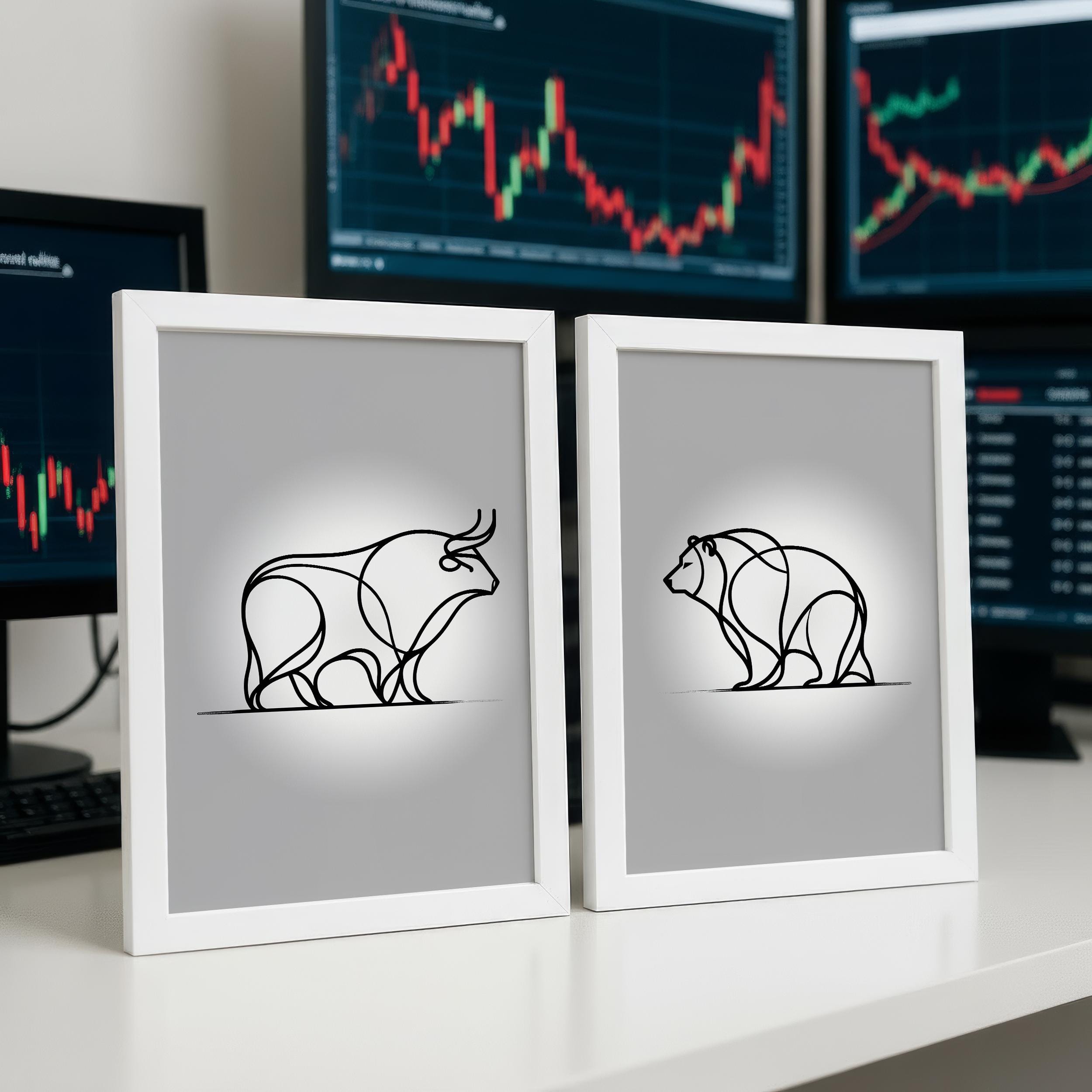 Boğa ve Ayı Çizgi Sanatı Poster Seti – Modern Trader Ofis Dekorasyonu