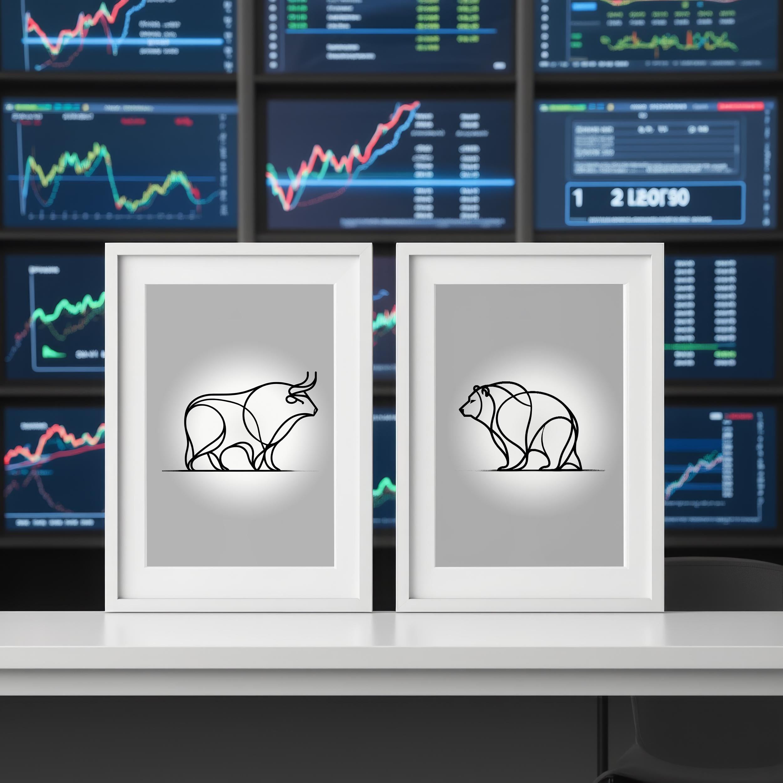 Boğa ve Ayı Çizgi Sanatı Poster Seti – Modern Trader Ofis Dekorasyonu