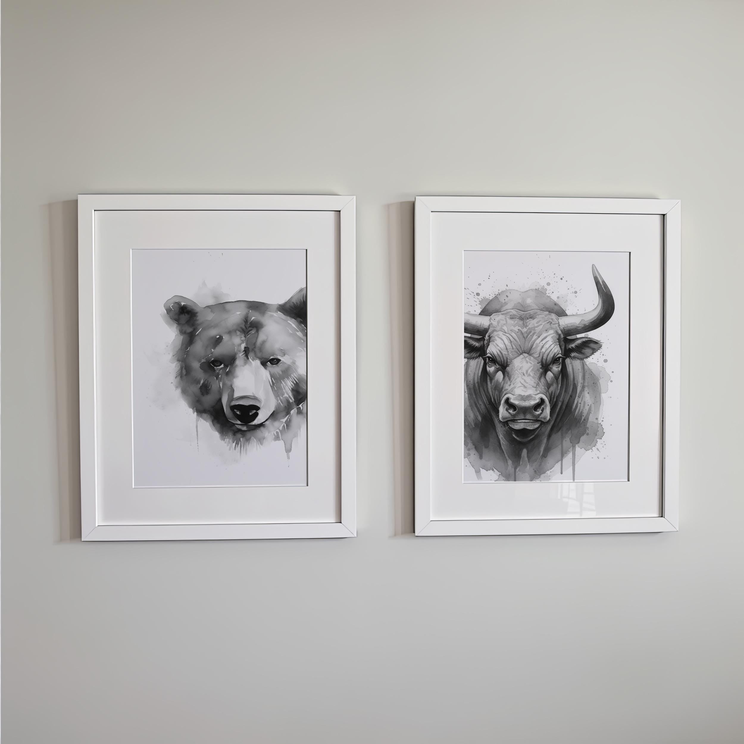Boğa ve Ayı Suluboya Poster Seti – Minimalist Trader Duvar Sanatı