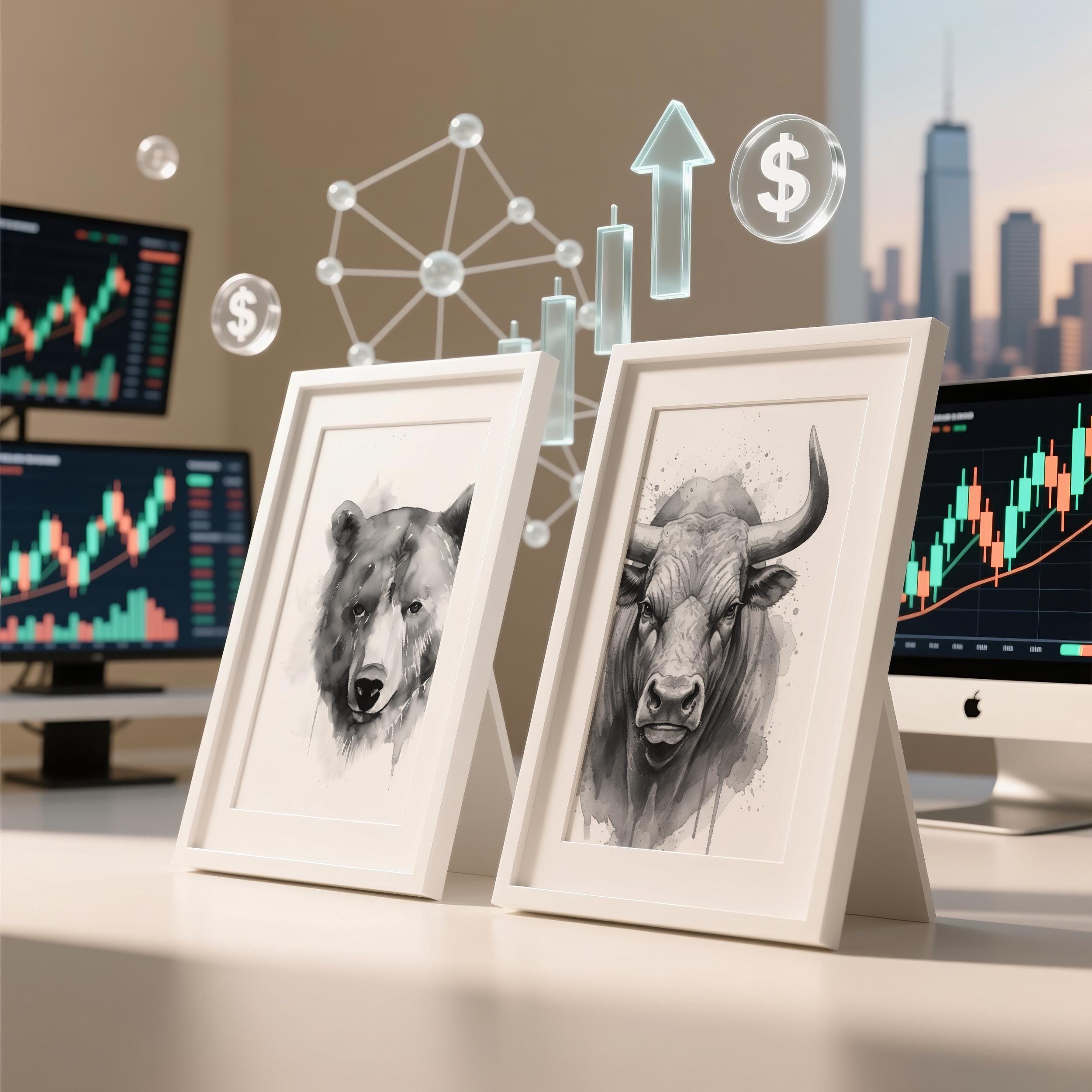 Boğa ve Ayı Suluboya Poster Seti – Minimalist Trader Duvar Sanatı