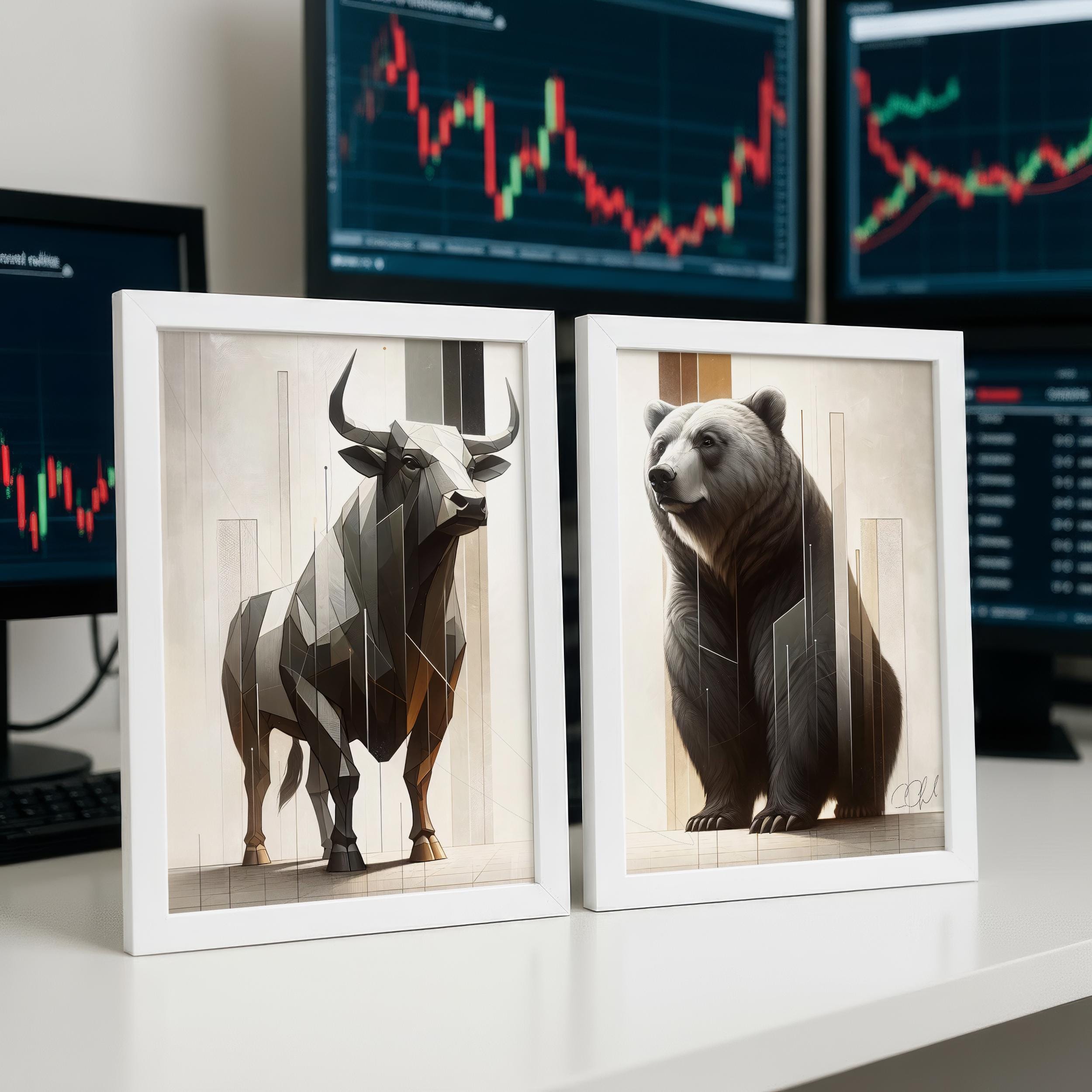 Geometrik Boğa ve Ayı Poster Seti – Modern Finans Sanatı
