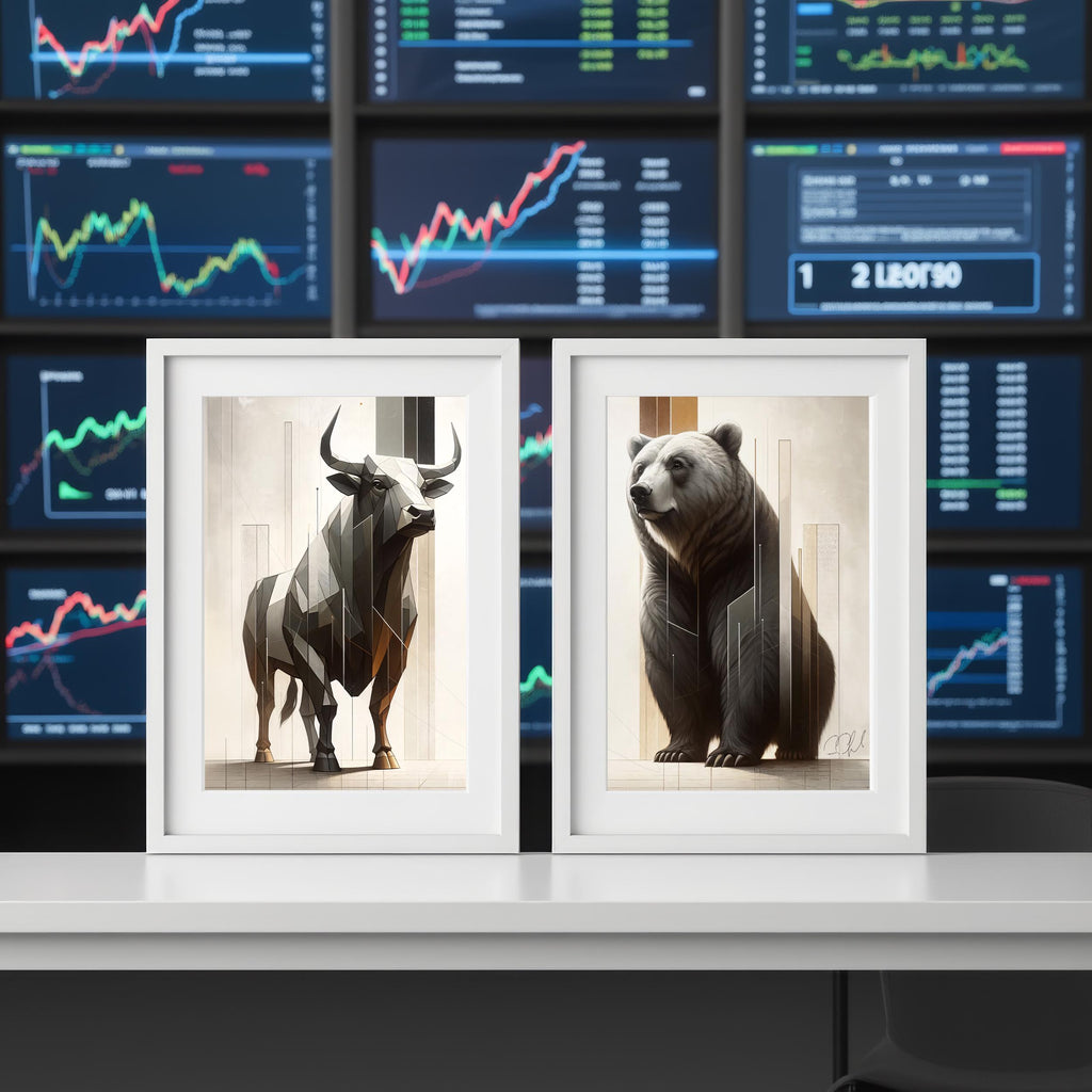 Geometrik Boğa ve Ayı Poster Seti – Modern Finans Sanatı