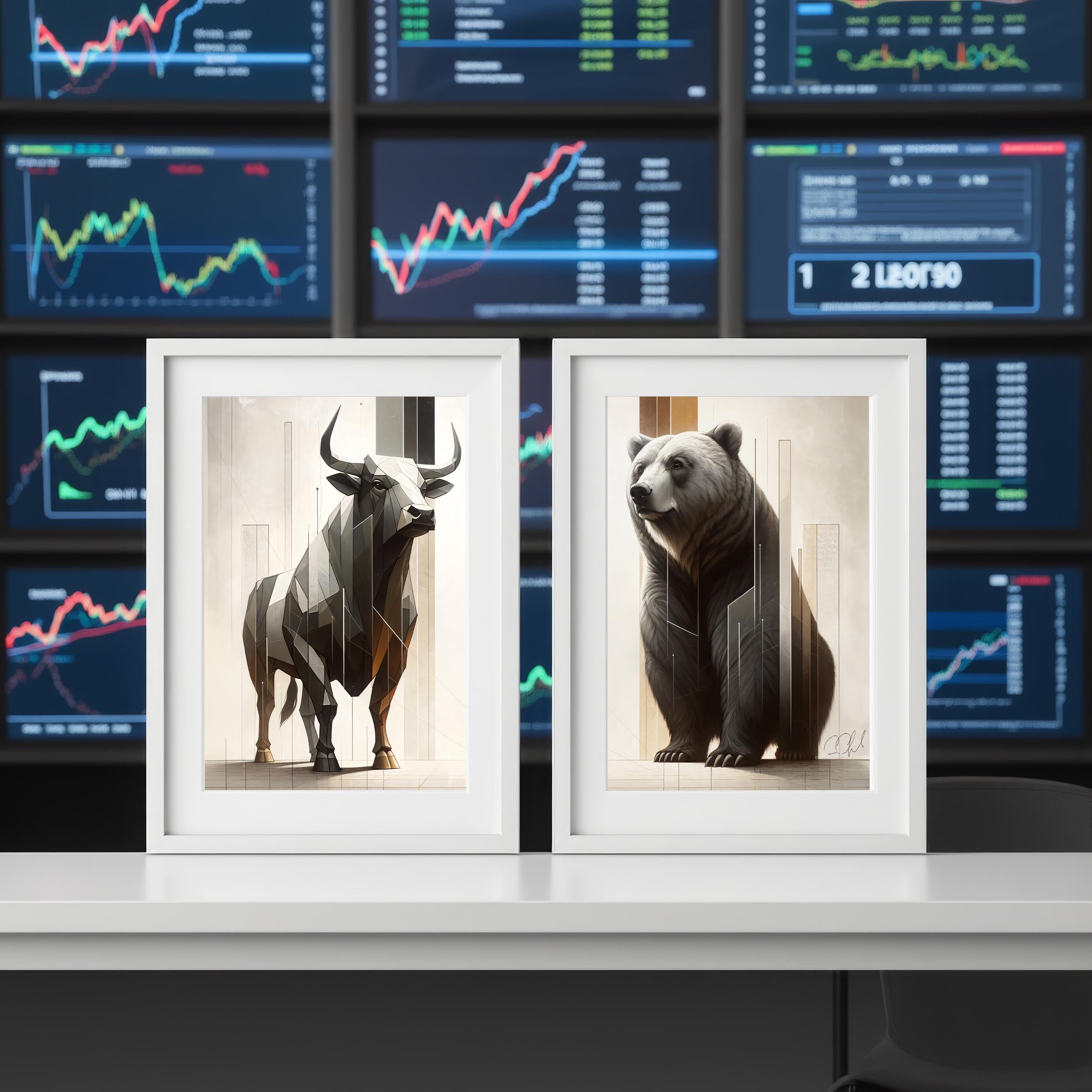 Geometrik Boğa ve Ayı Poster Seti – Modern Finans Sanatı