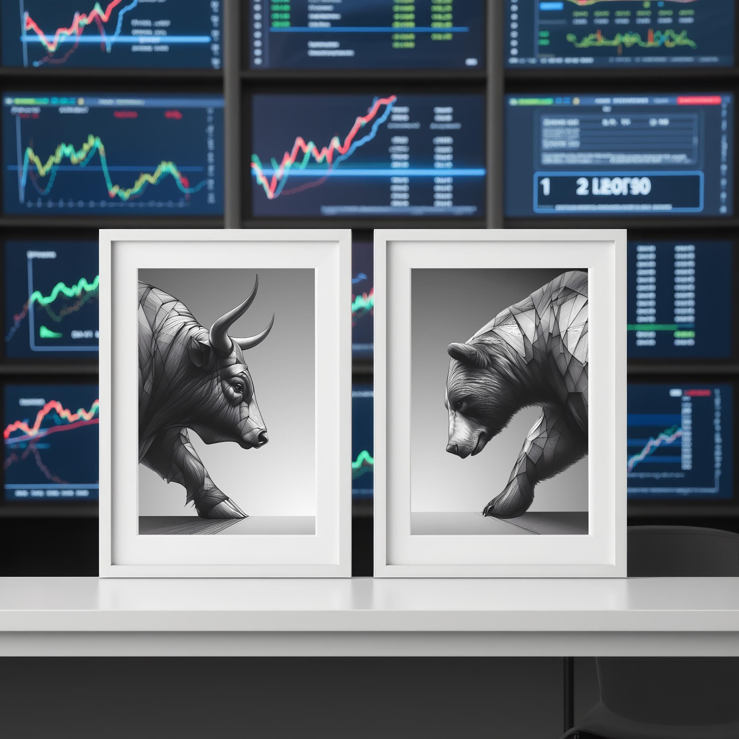 Boğa ve Ayı Eskiz Sanat Seti | Siyah Beyaz Borsa Posteri | Trader Ofis Dekorasyonu