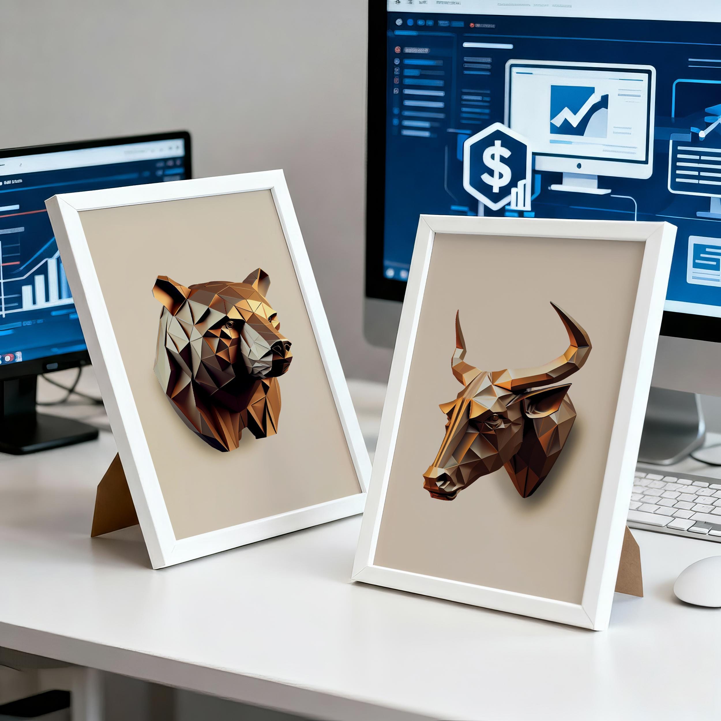 Bull ve Bear Poster Seti, Geometrik Borsa Duvar Sanatı, Ofis İçin Hisse Senedi Dekor, Modern Yatırımcı Hediyesi, Forex Kripto Sanat Baskısı