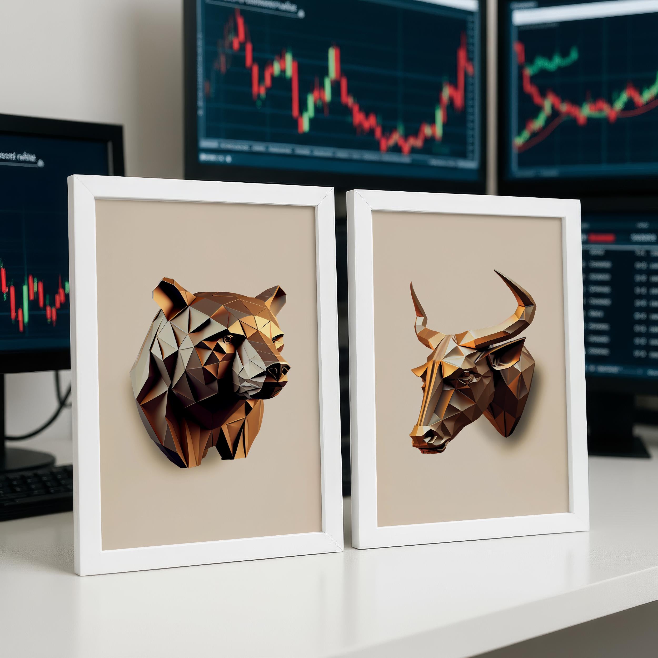 Bull ve Bear Poster Seti, Geometrik Borsa Duvar Sanatı, Ofis İçin Hisse Senedi Dekor, Modern Yatırımcı Hediyesi, Forex Kripto Sanat Baskısı