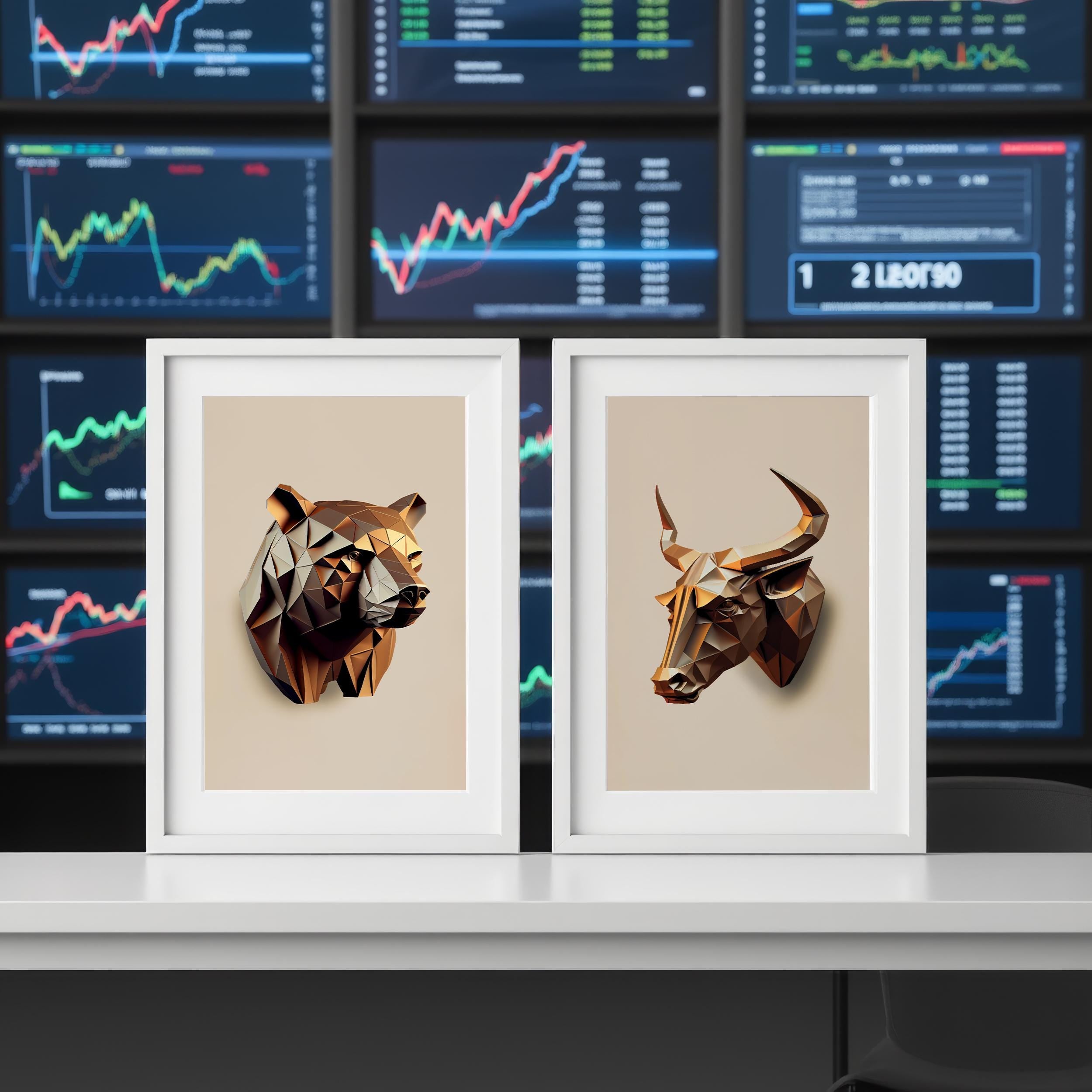 Bull ve Bear Poster Seti, Geometrik Borsa Duvar Sanatı, Ofis İçin Hisse Senedi Dekor, Modern Yatırımcı Hediyesi, Forex Kripto Sanat Baskısı
