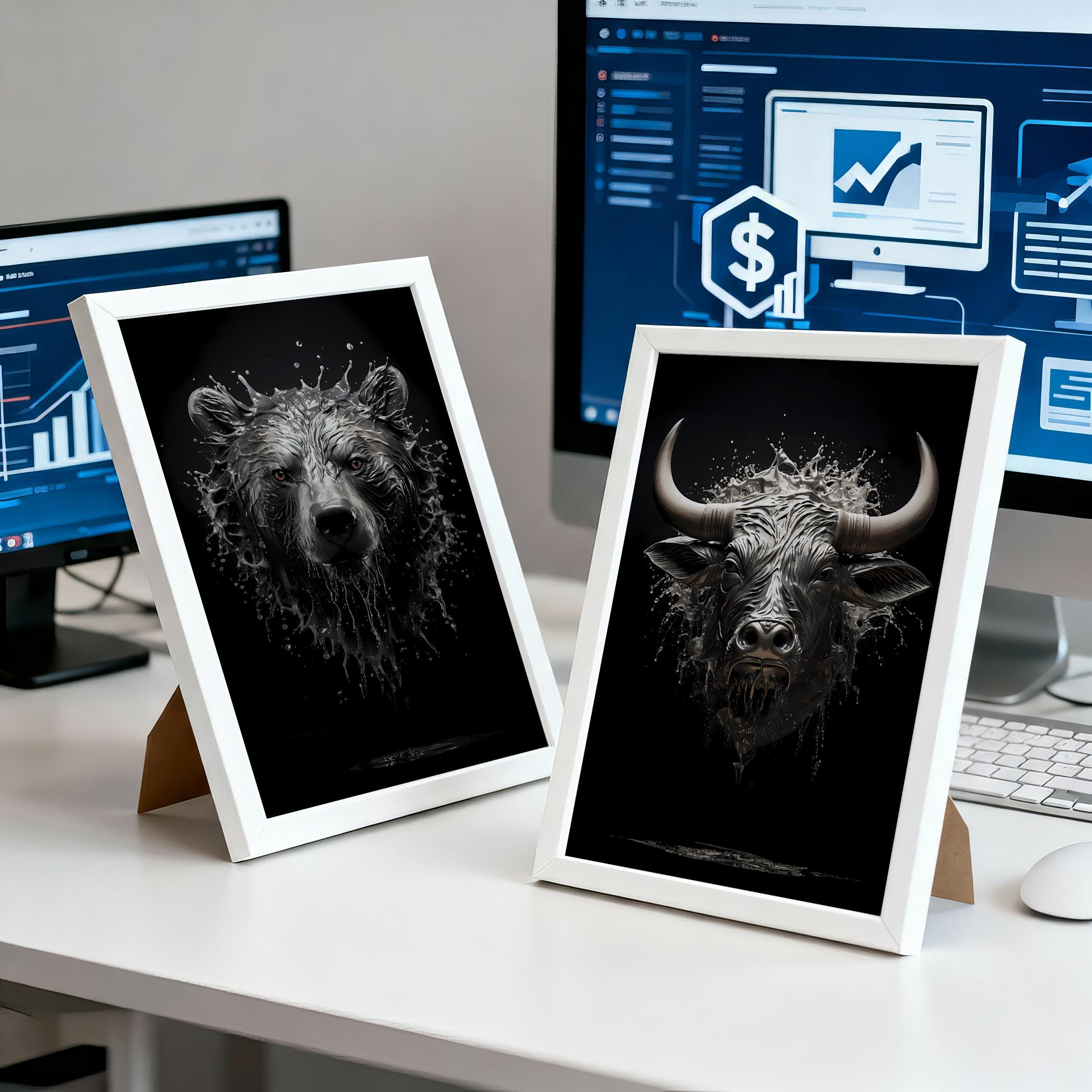 Metalik Boğa ve Ayı Poster Seti | Sıvı Akış Betimlemeli Finans Duvar Sanatı | Trader Ofis Dekoru