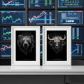 Metalik Boğa ve Ayı Poster Seti | Sıvı Akış Betimlemeli Finans Duvar Sanatı | Trader Ofis Dekoru