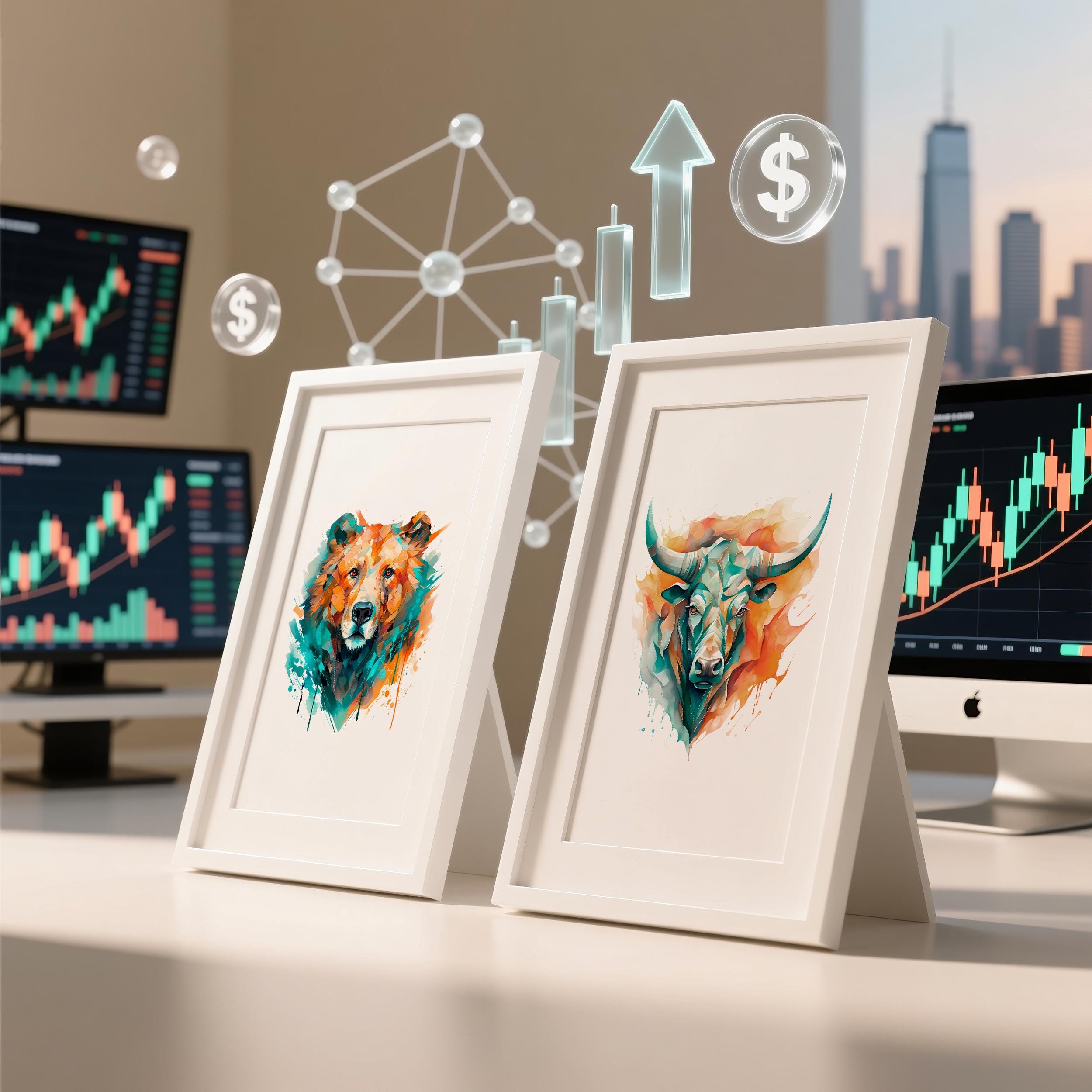 Boğa ve Ayı Suluboya Poster Seti | Renkli Trader Duvar Sanatı | Yatırımcı Ofis Dekoru