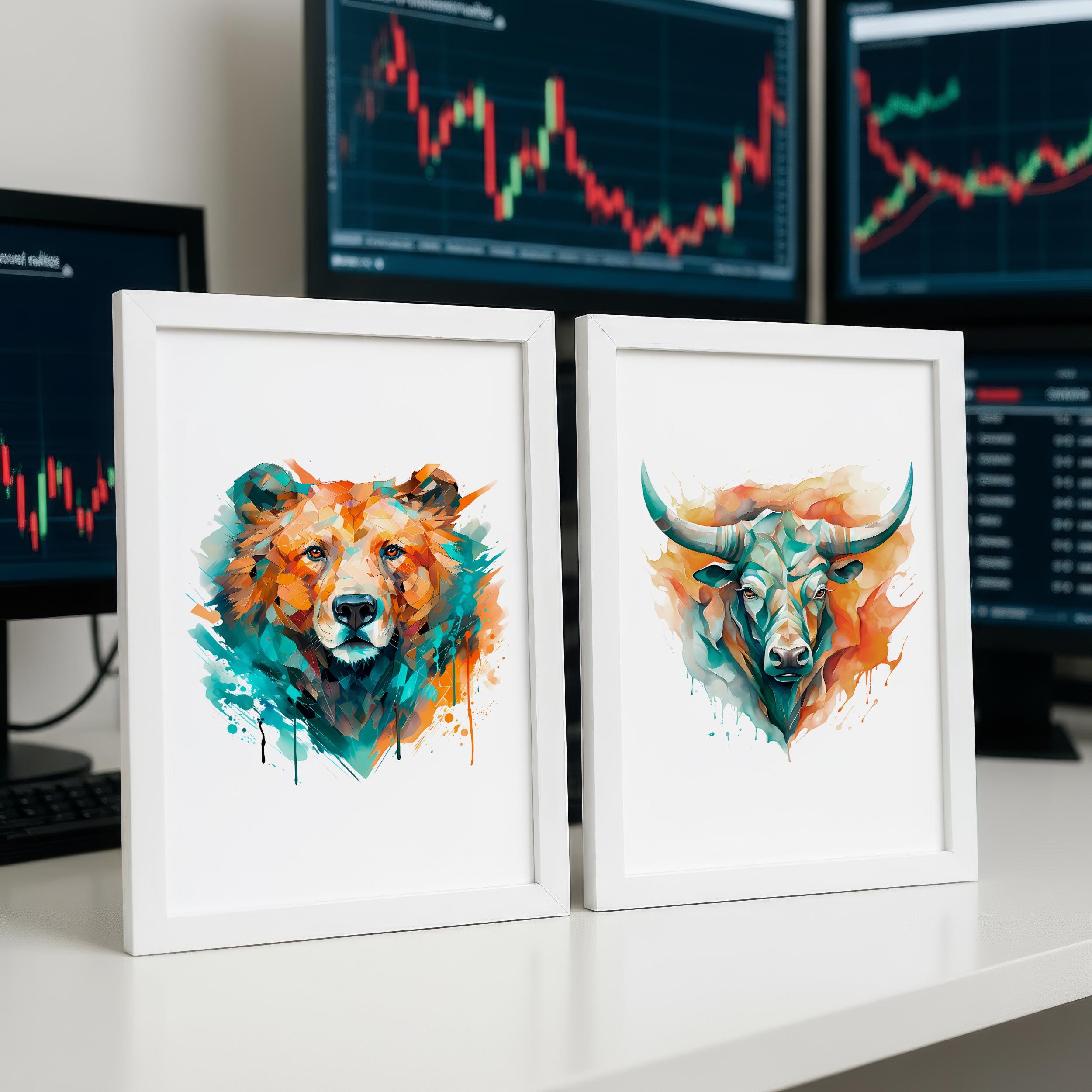 Boğa ve Ayı Suluboya Poster Seti | Renkli Trader Duvar Sanatı | Yatırımcı Ofis Dekoru