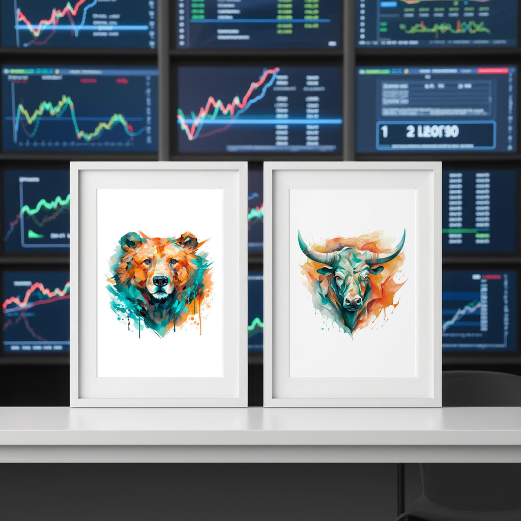 Boğa ve Ayı Suluboya Poster Seti | Renkli Trader Duvar Sanatı | Yatırımcı Ofis Dekoru