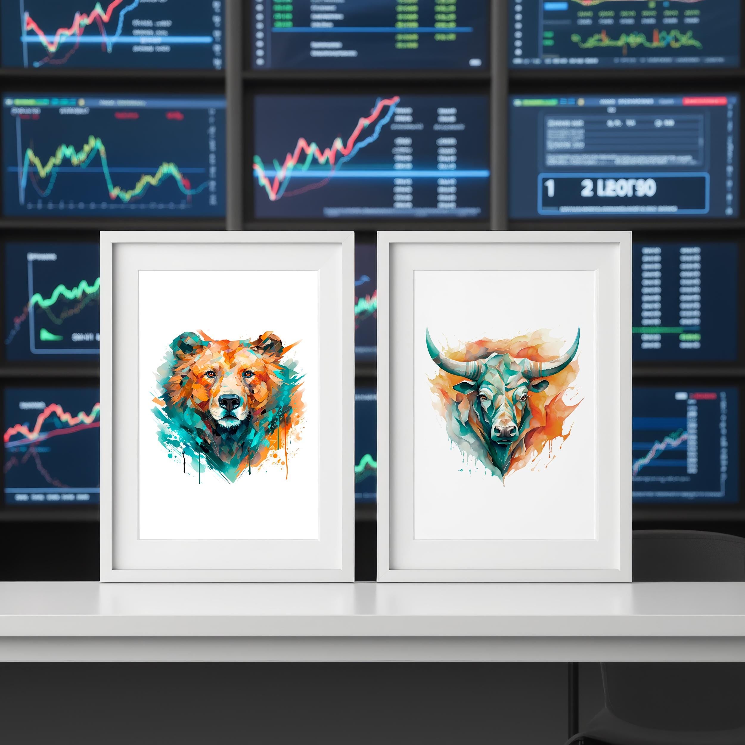 Boğa ve Ayı Suluboya Poster Seti | Renkli Trader Duvar Sanatı | Yatırımcı Ofis Dekoru