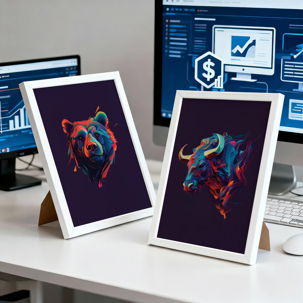 Neon Boğa ve Ayı Poster Seti – Trader Ofis Duvar Sanatı, Borsa Dekor